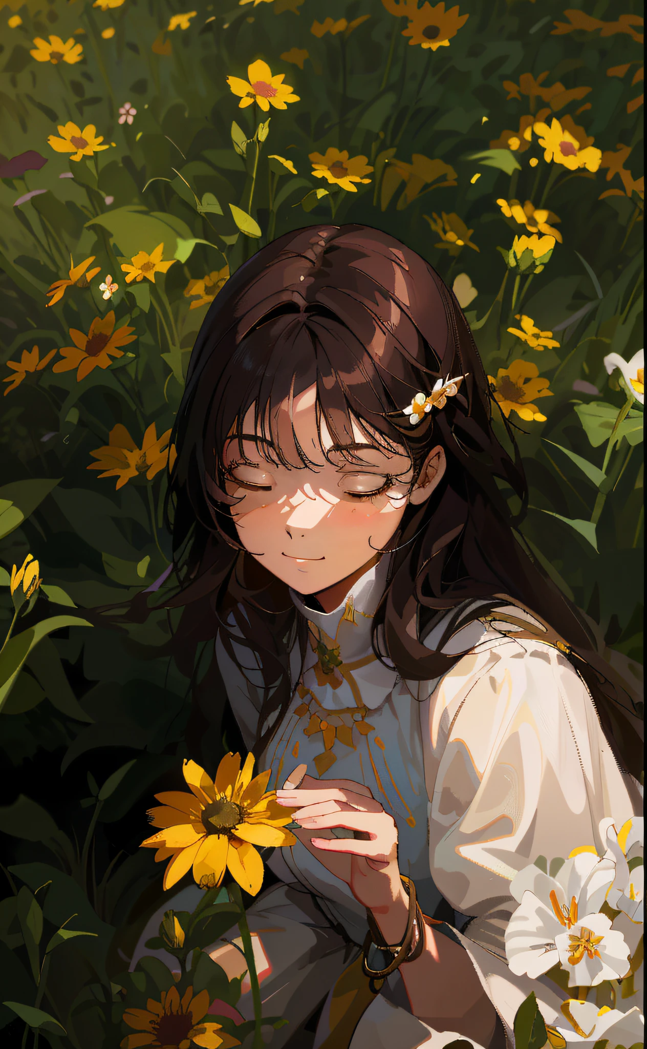 Arad woman smells a flower in the flower field, Lofe girl aesthetic, yellow flowers around, INFP young woman, flower head girl, aesthetic field of flowers, flower in hair, floating flower in hair, flower in hair, flower in her hair, girl in flower field, wavy hair yellow theme, girl in flower field, beautiful and detailed girl, extremely detailed face, closed eyes, slightly closed, ridiculous, incredibly ridiculous, huge file size, super detailed, the best quality, masterpiece, illustration, extremely delicate and beautiful, very detailed, CG, unity, 8k wallpaper, amazing, fine details, masterpiece, best quality, official art, extremely detailed CG Unity 8k wallpaper, high resolution, fine detail, amazing, 1 girl, focus on face, messy hair, two-dimensional painting style --auto --s2