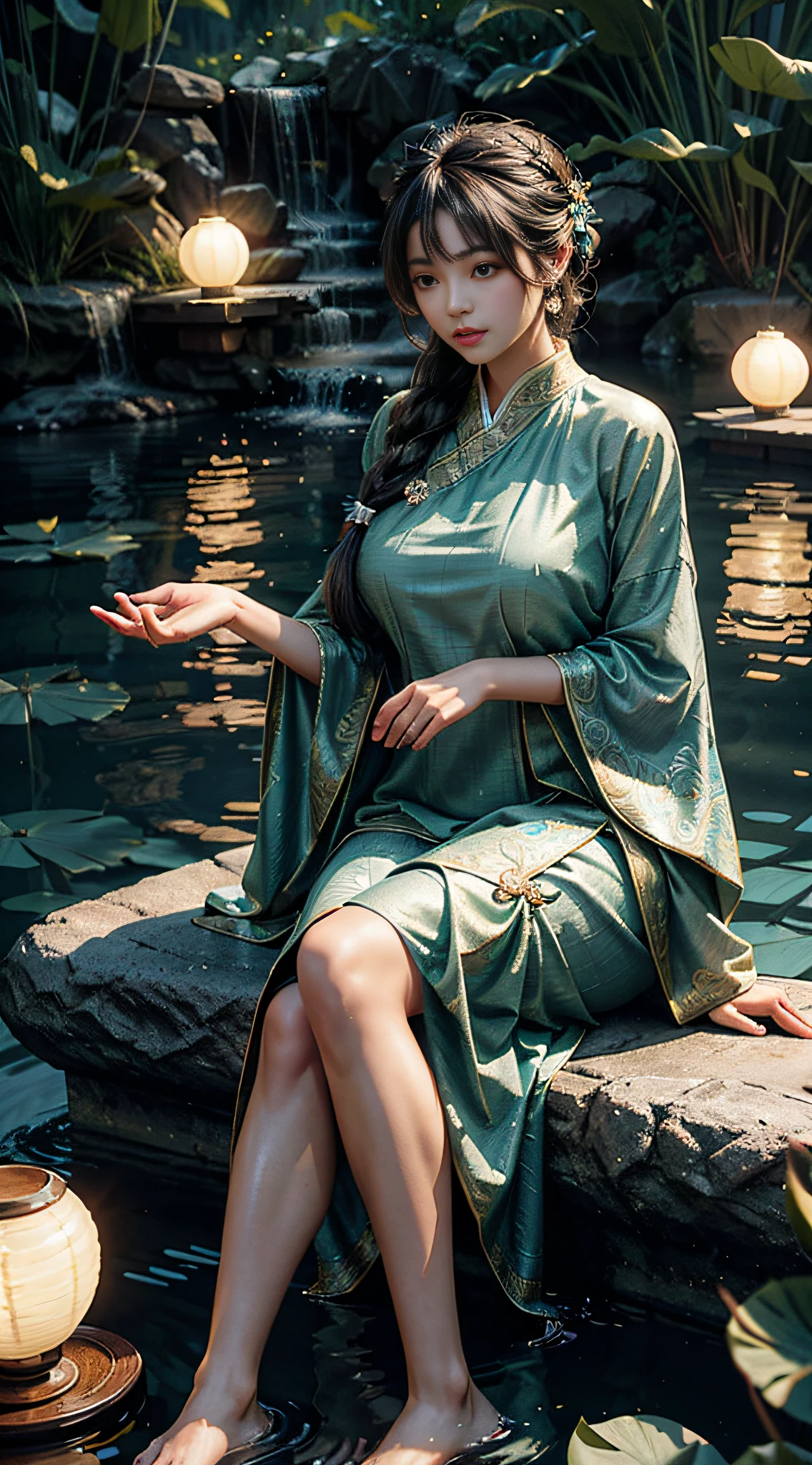 Sitting by a lake full of lotus flowers, feet playing in the water, the art depicts a charming woman with a melon face, dressed in a flowing, silky traditional oriental dress, long, aqua blue, decorated with intricate patterns and bright colors. Her dress drapes elegantly over her curvy figure, accentuating her seductive silhouette. She sits gracefully by the tranquil lotus lake, her feet playing in the water, bathed in the soft glow of the moonlight. The scene exudes an ethereal and dreamy atmosphere, with a touch of mystery and sexiness. The graphic style blends watercolor and digital illustration techniques to evoke a refined beauty and charm. The lights are filled with soft moonlight, casting soft highlights and shadows on her charming features. Bare thighs, big breasts, three-dimensional facial features, sitting, upturned legs, side braids