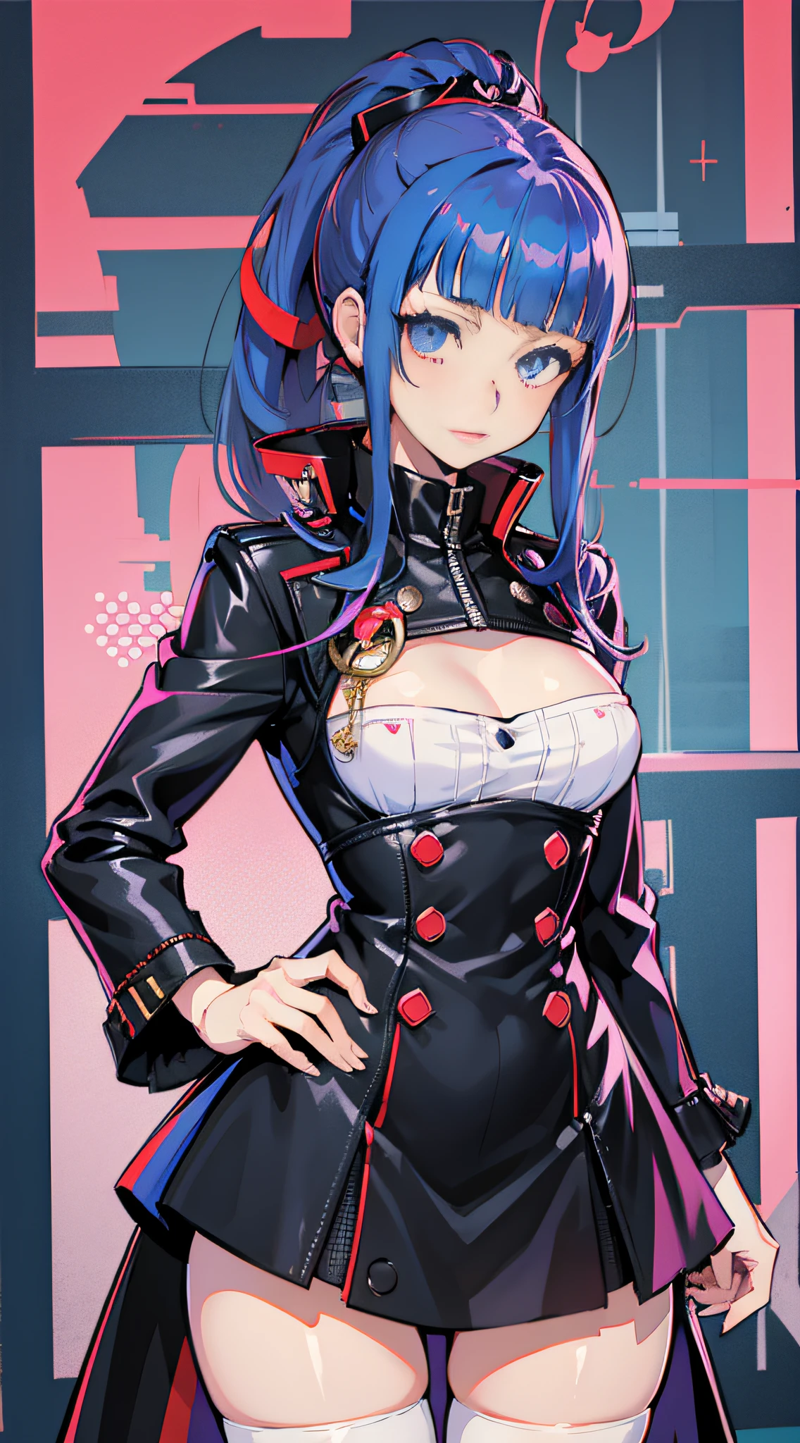 Persona 5 Art Style wlop, Persona 5 Art Style, Persona 5 Style, Kasumi Yoshizawa, Girl in Uniform, Full Length Image, High Quality, 8K, Uniform with Open Chest, Ponytail, Small Breasts, Bangs, Smooth Thighs, Patsun, Top Quality