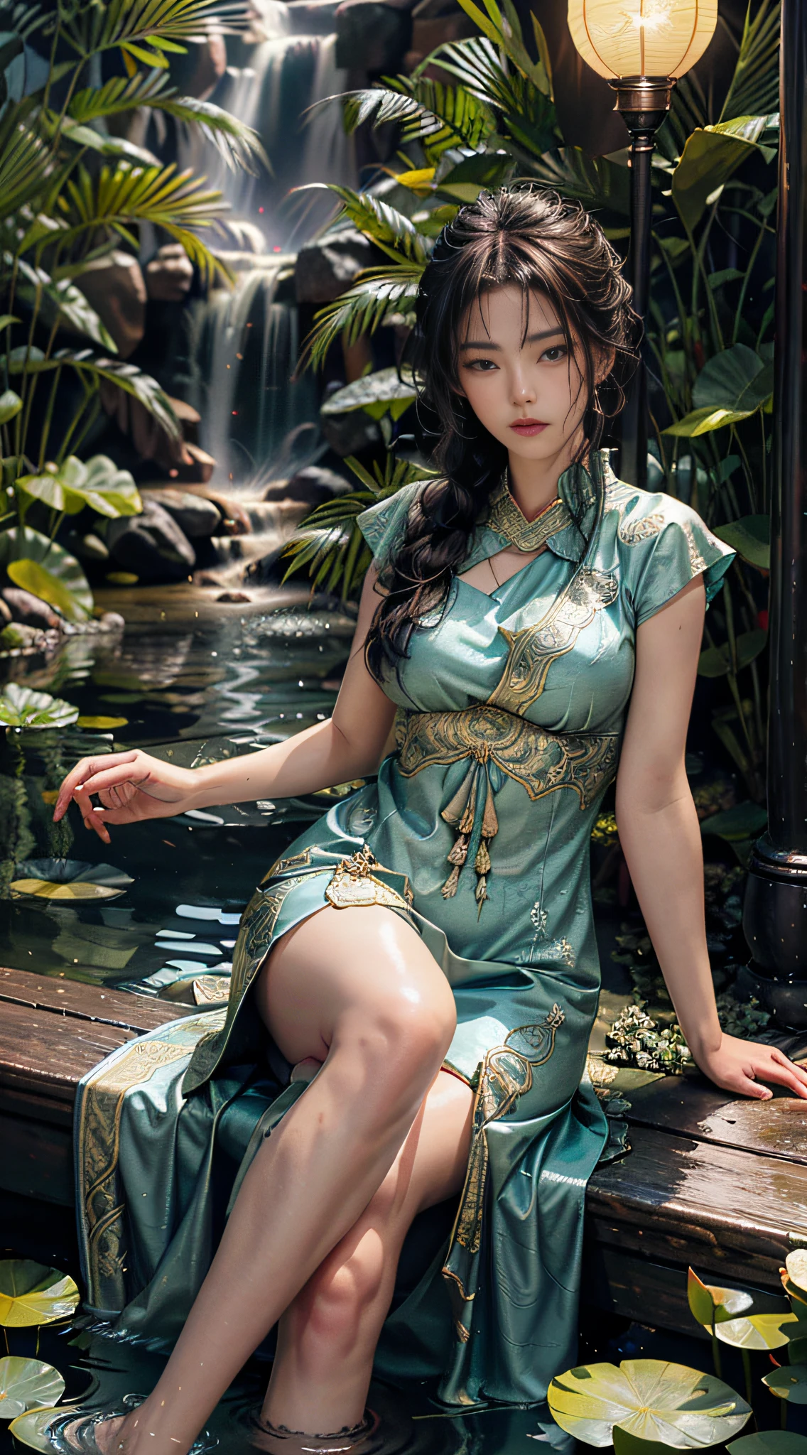 Sitting by a lake full of lotus flowers, feet playing in the water, the art depicts a charming woman with a melon face, dressed in a flowing, silky traditional oriental dress, long, aqua blue, decorated with intricate patterns and bright colors. Her dress drapes elegantly over her curvy figure, accentuating her seductive silhouette. She sits gracefully by the tranquil lotus lake, her feet playing in the water, bathed in the soft glow of the moonlight. The scene exudes an ethereal and dreamy atmosphere, with a touch of mystery and sexiness. The graphic style blends watercolor and digital illustration techniques to evoke a refined beauty and charm. The lights are filled with soft moonlight, casting soft highlights and shadows on her charming features. Bare thighs, big breasts, three-dimensional facial features, sitting, upturned legs, side braids