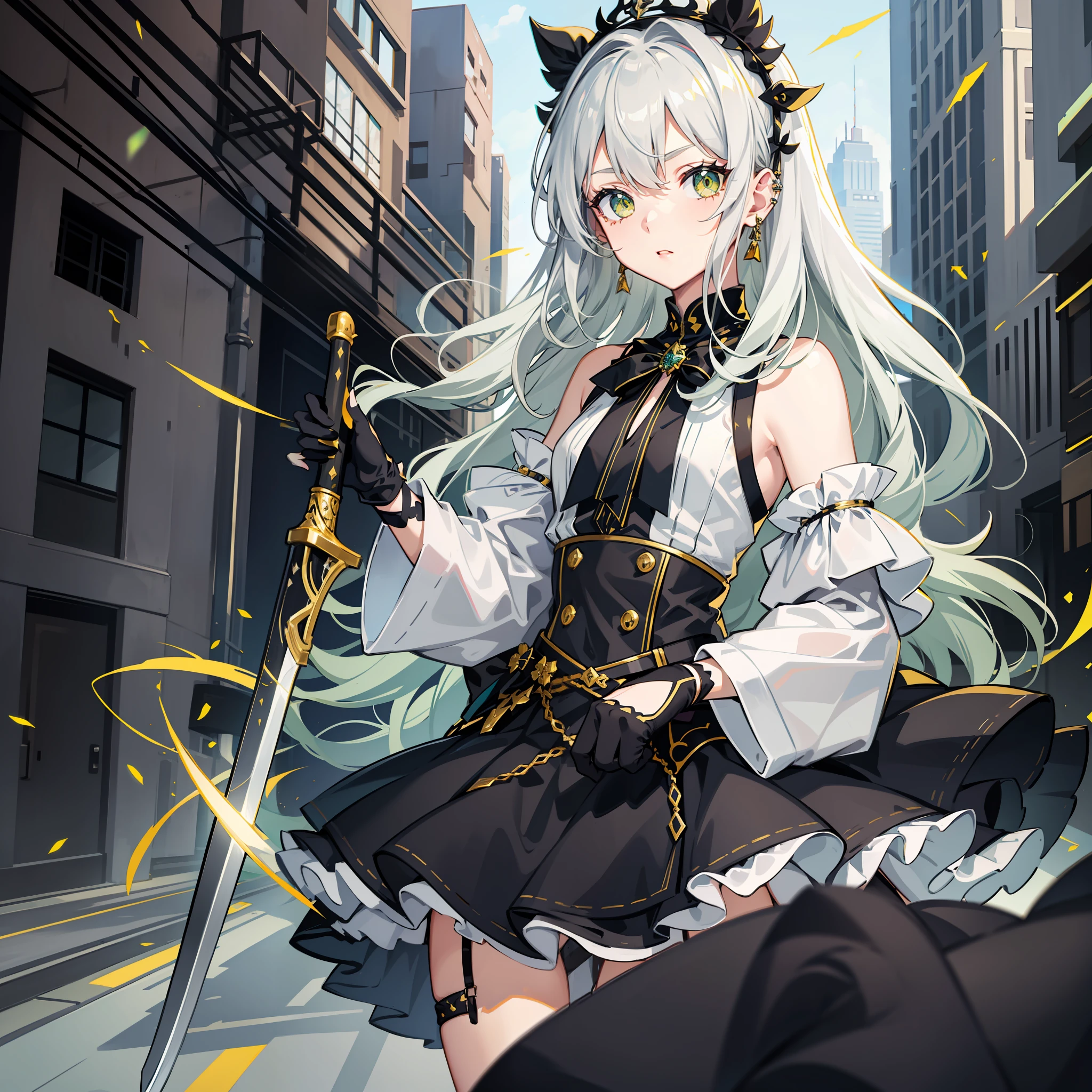 Silver hair, yellow-green eyes, eyelashes, cute, fluffy hair, modern clothes, holding a sword, girl, delicate, black skirt, piercings, uniform style, headband, no exposure, black gloves