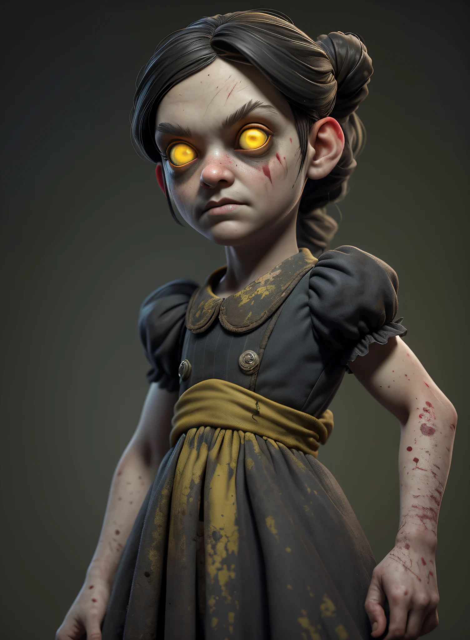 masterpiece, highres, image, best quality, 8k, best quality, ultra-detailed,1girl, , 6 yearso, 1girl, lilsis, dirty, blood, muddy dress, black hair, dress, horror \(theme\), solo, yellow eyes, dark, yellow sclera, glowing eyes, creepy, haunted house background