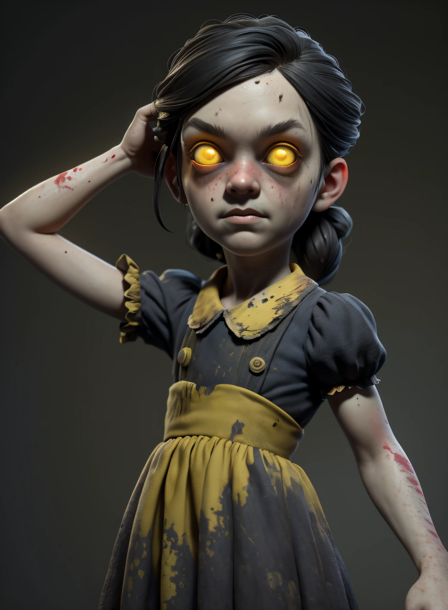 masterpiece, highres, image, best quality, 8k, best quality, ultra-detailed,1girl, child, 6 years old, solo, 1girl, lilsis, dirty, blood, muddy dress, black hair, dress, horror \(theme\), solo, yellow eyes, dark, yellow sclera, glowing eyes, creepy, haunted house background