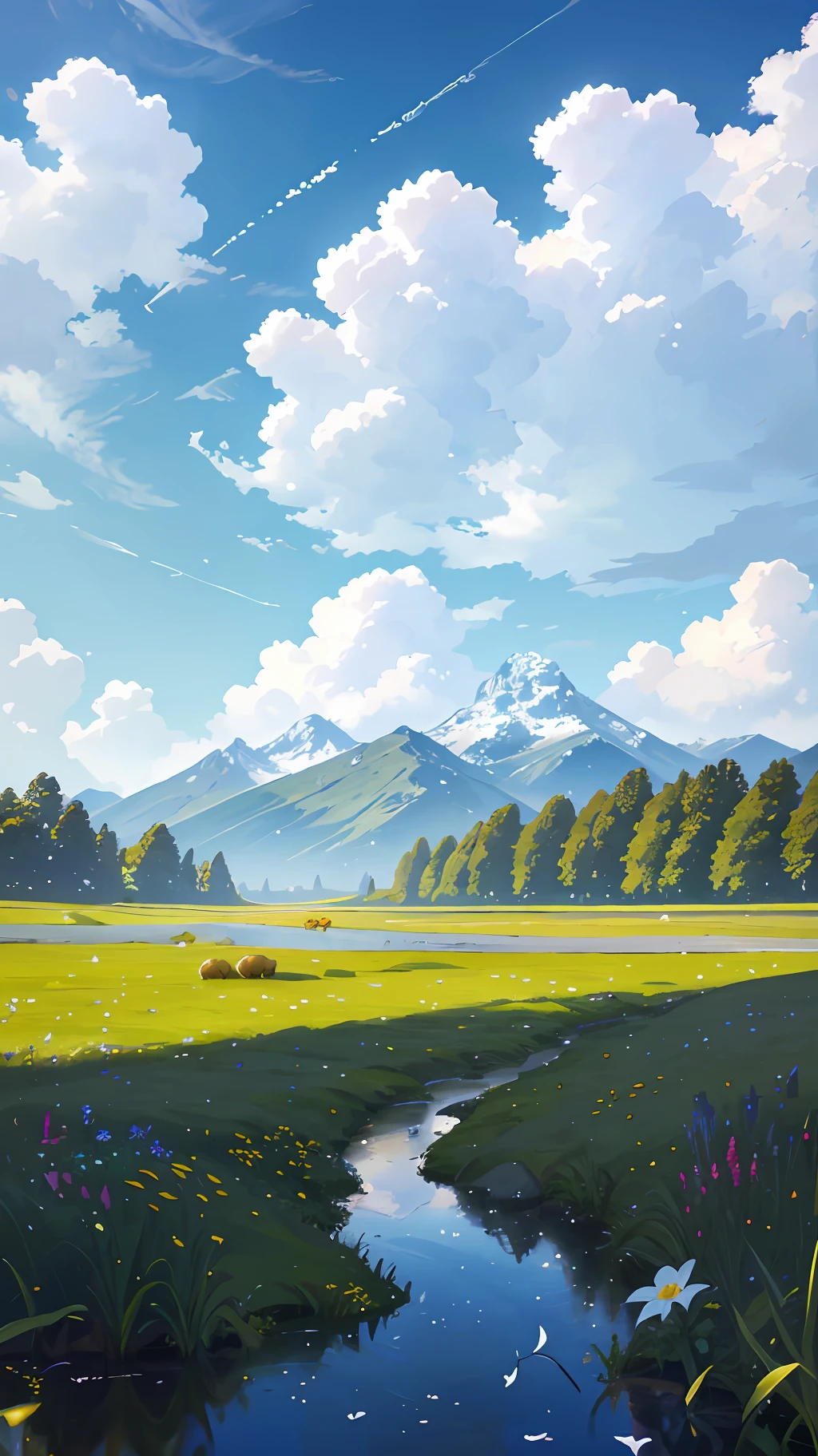 Summer, meadows, few small flowers, clear lakes, sheep, heaven, large clouds, blue sky, hot weather, HD detail, wet watermark, hyper-detail, cinematic, surrealism, soft light, deep field focus bokeh, distant view is snowy mountains, ray tracing, and surrealism. --v6