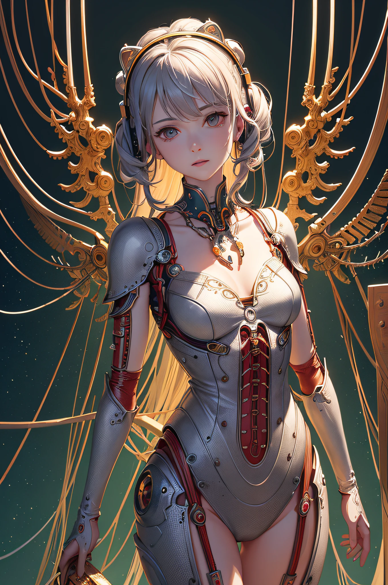 (((masterpiece))), (((best quality))), ((ultra-detailed)), (highly detailed CG illustration), ((an extremely delicate and beautiful)),cinematic light,((1mechanical girl)),solo,(cowboy shot:1.2),(machine made joints:1.2),((machanical limbs)),(blood vessels connected to tubes),(mechanical vertebra attaching to back),((mechanical cervial attaching to neck)),expressionless,(wires and cables attaching to neck:1.2),(wires and cables on head:1.2),(character focus),science fiction,extreme detailed,colorful,highest detailed, loongs,fengs,background,