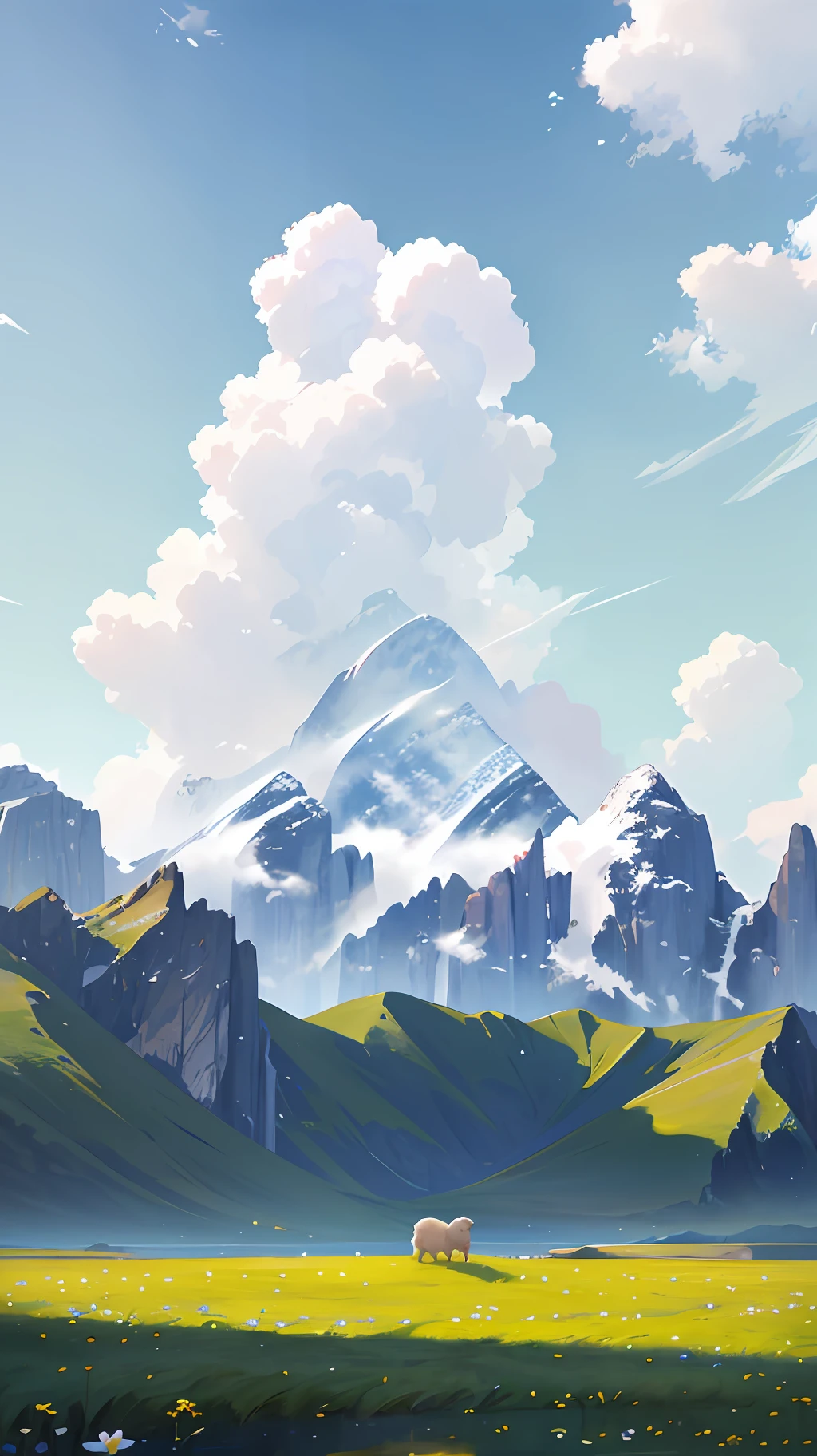Summer, meadows, few small flowers, clear lakes, sheep, heaven, large clouds, blue sky, hot weather, HD detail, wet watermark, hyper-detail, cinematic, surrealism, soft light, deep field focus bokeh, distant view is snowy mountains, ray tracing, and surrealism. --v6