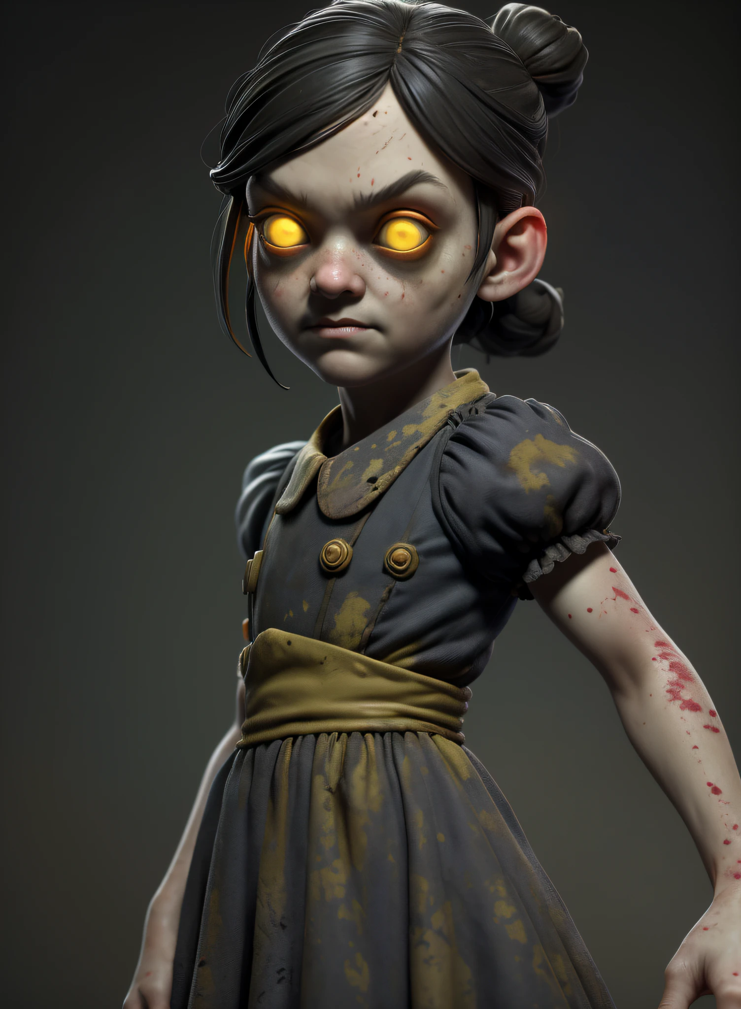 masterpiece, highres, image, best quality, 8k, best quality, ultra-detailed,1girl, , 6 yearso, 1girl, lilsis, dirty, blood, muddy dress, black hair, dress, horror \(theme\), solo, yellow eyes, dark, yellow sclera, glowing eyes, creepy, haunted house background