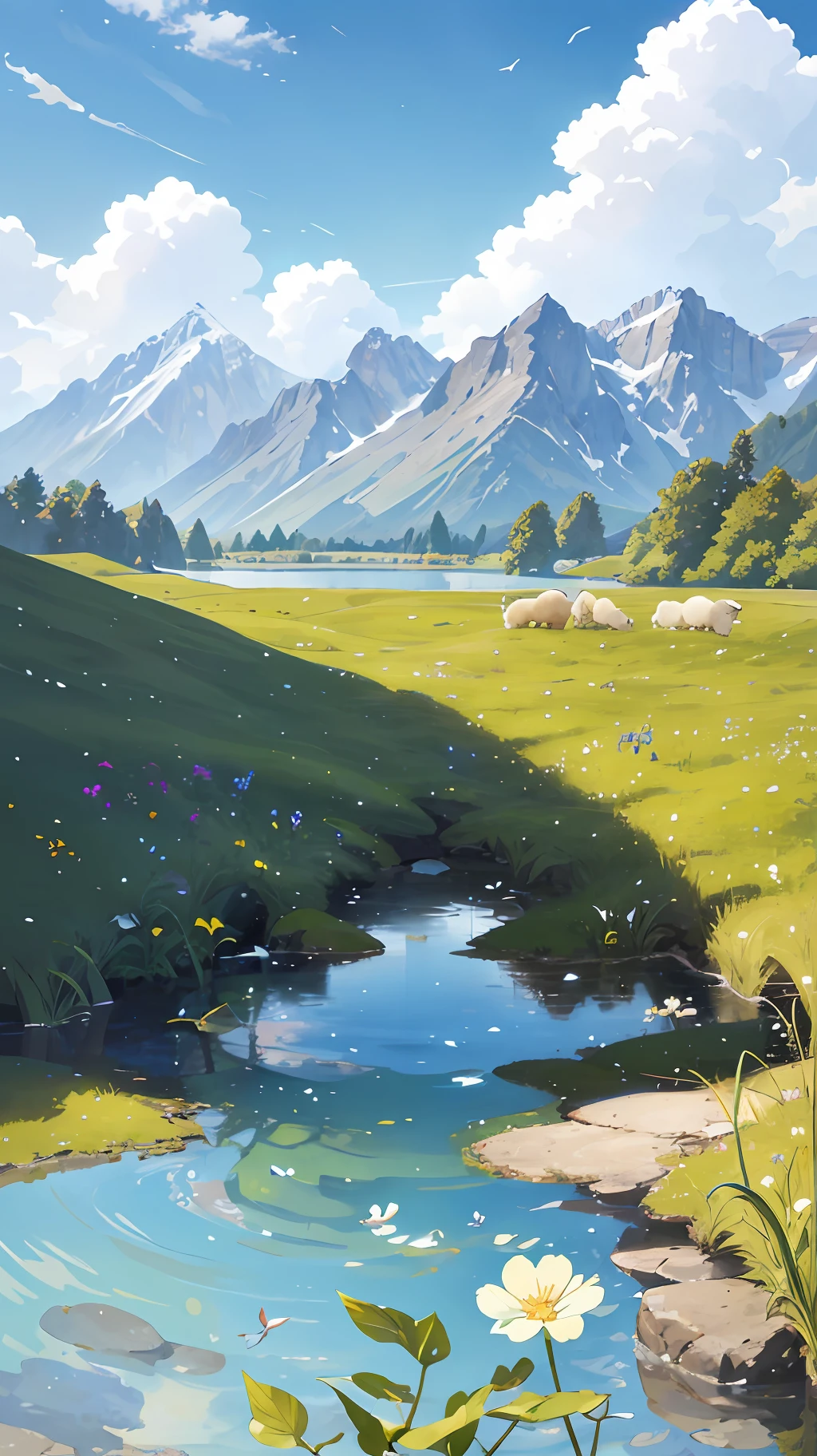 Summer, meadows, few small flowers, clear lakes, sheep, heaven, large clouds, blue sky, hot weather, HD detail, wet watermark, hyper-detail, cinematic, surrealism, soft light, deep field focus bokeh, distant view is snowy mountains, ray tracing, and surrealism. --v6