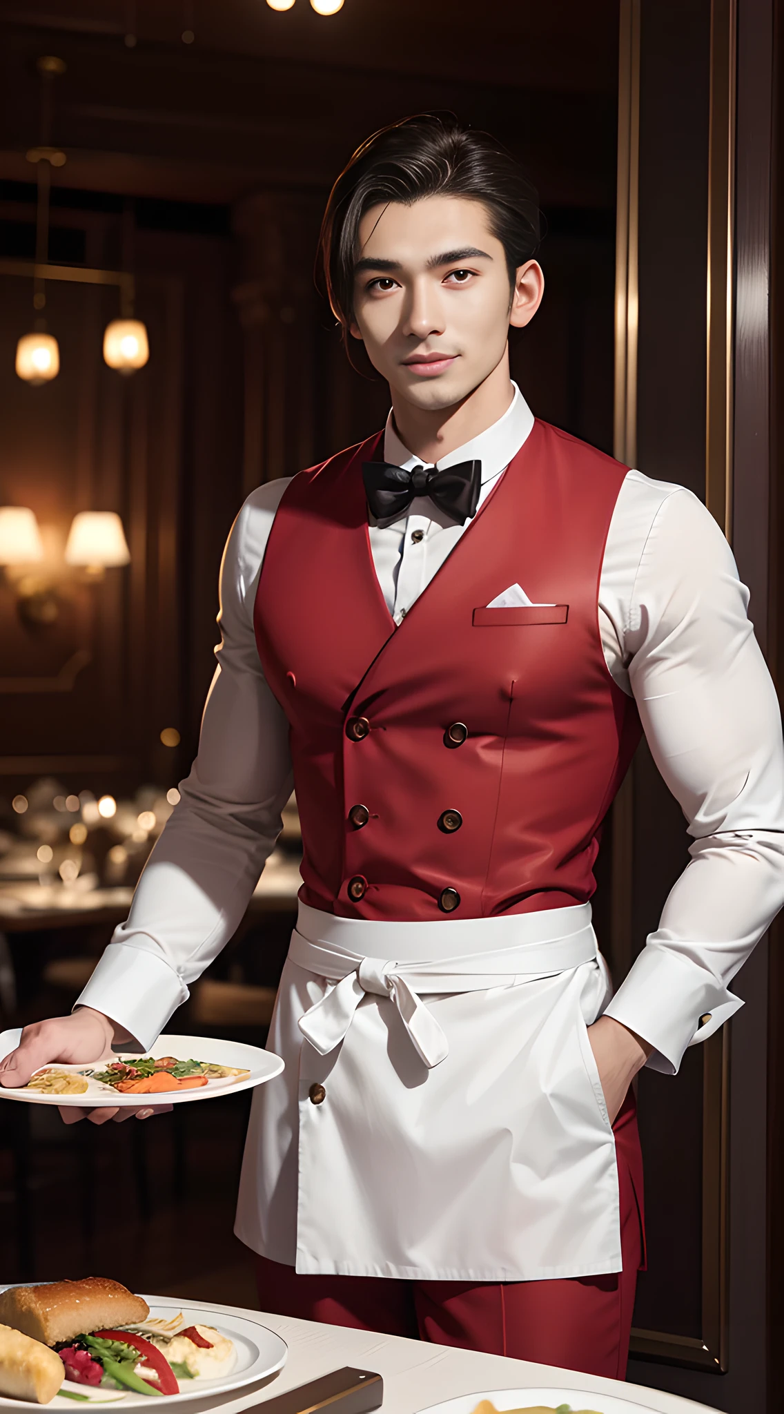 (handsome man), handsome muscular waiter of the prestigious restaurant, he is in his 30's, red uniform, mischievous smile, (high detail:1 1), Natural muscle、highly quality、beautiful eye、(detailed face and eyes)、(faceless:1 2)、noise、real photo、...PSD、sharp focus、high resolution 8k、Realistic and professional photos、8K UHD、soft lighting、highly quality、film grain、Fujifilm XT3