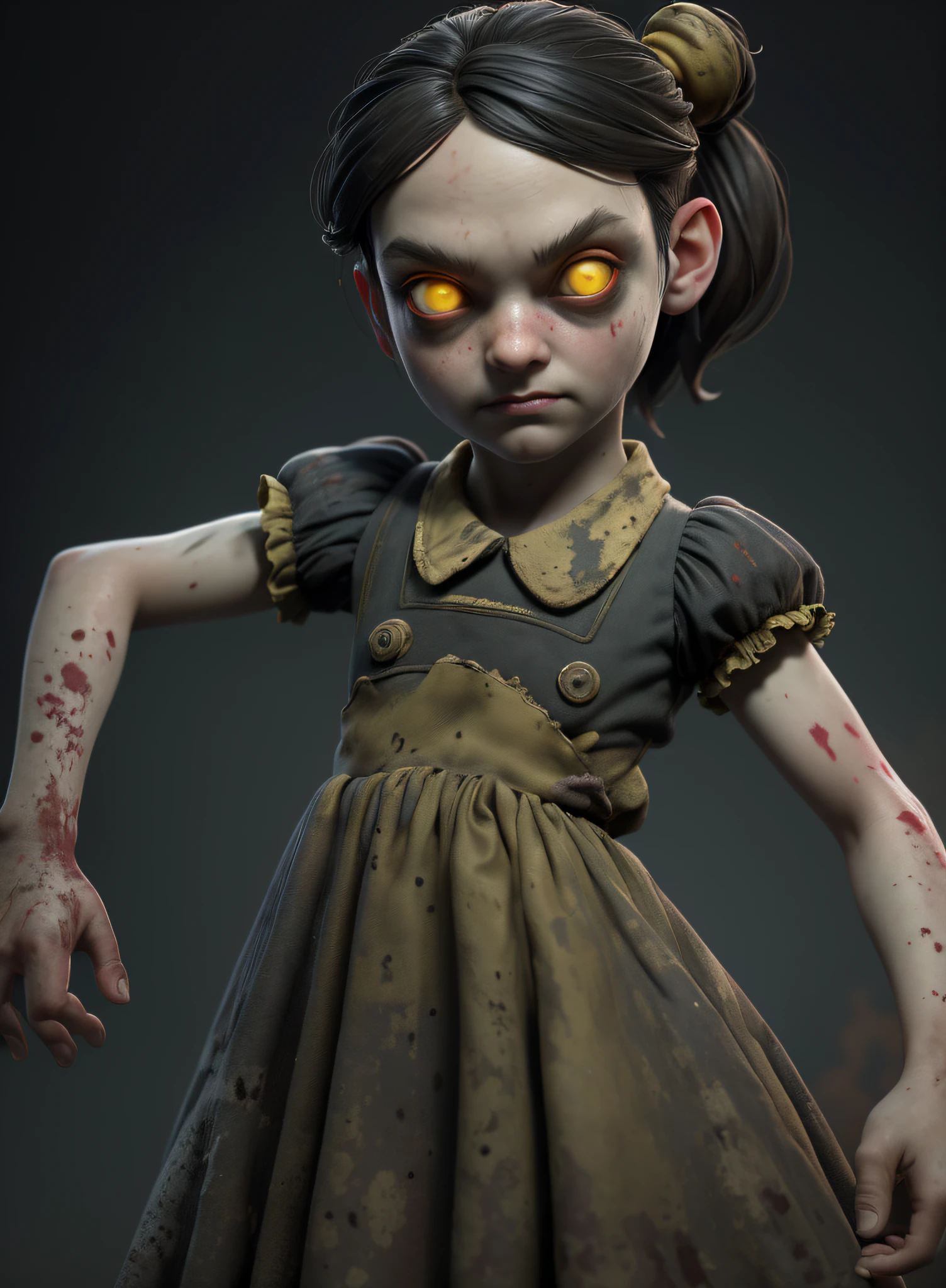 masterpiece, highres, image, best quality, 8k, best quality, ultra-detailed,1girl, , 6 yearso, 1girl, lilsis, dirty, blood, muddy dress, black hair, dress, horror \(theme\), solo, yellow eyes, dark, yellow sclera, glowing eyes, creepy, haunted house background