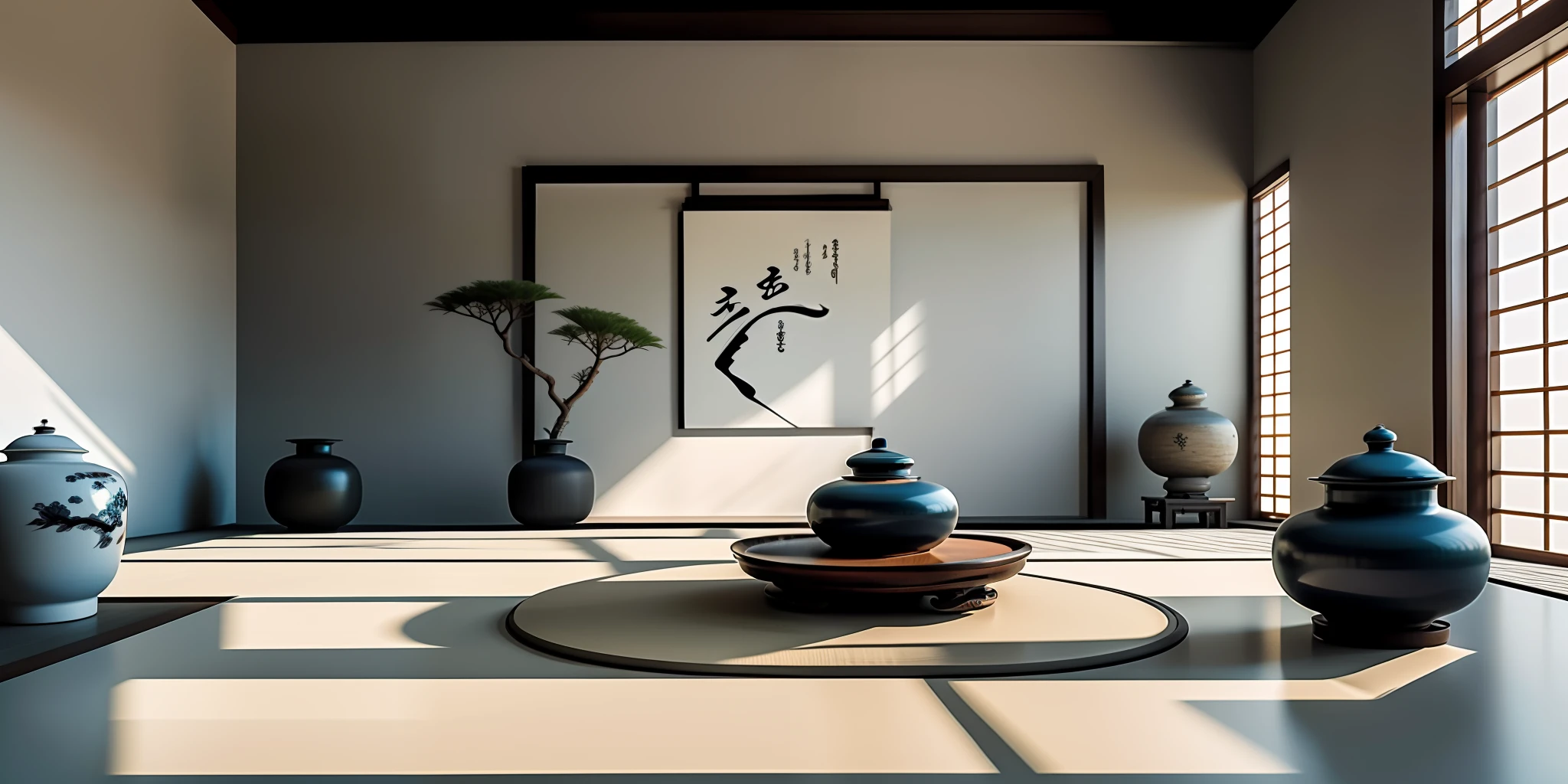 (masterpiece),(high quality), best quality, real,(realistic), super detailed, (full detail),(4k),8k,no humans, east asian architecture,indoors, sliding doors, table, calligraphy brush, teapot, vase, sunlight, scroll