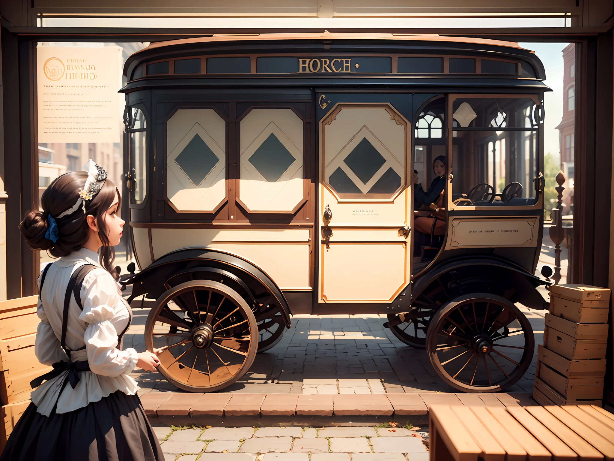 Create a 3D rendering of the carriage from three perspectives to ensure the highest image quality. The screen calls for four wheels and a vertical screen door part, and the window is positioned as a display case with products on display, creating a prosperous visual effect of multiple views, atmospheric perspective, cubism, best quality