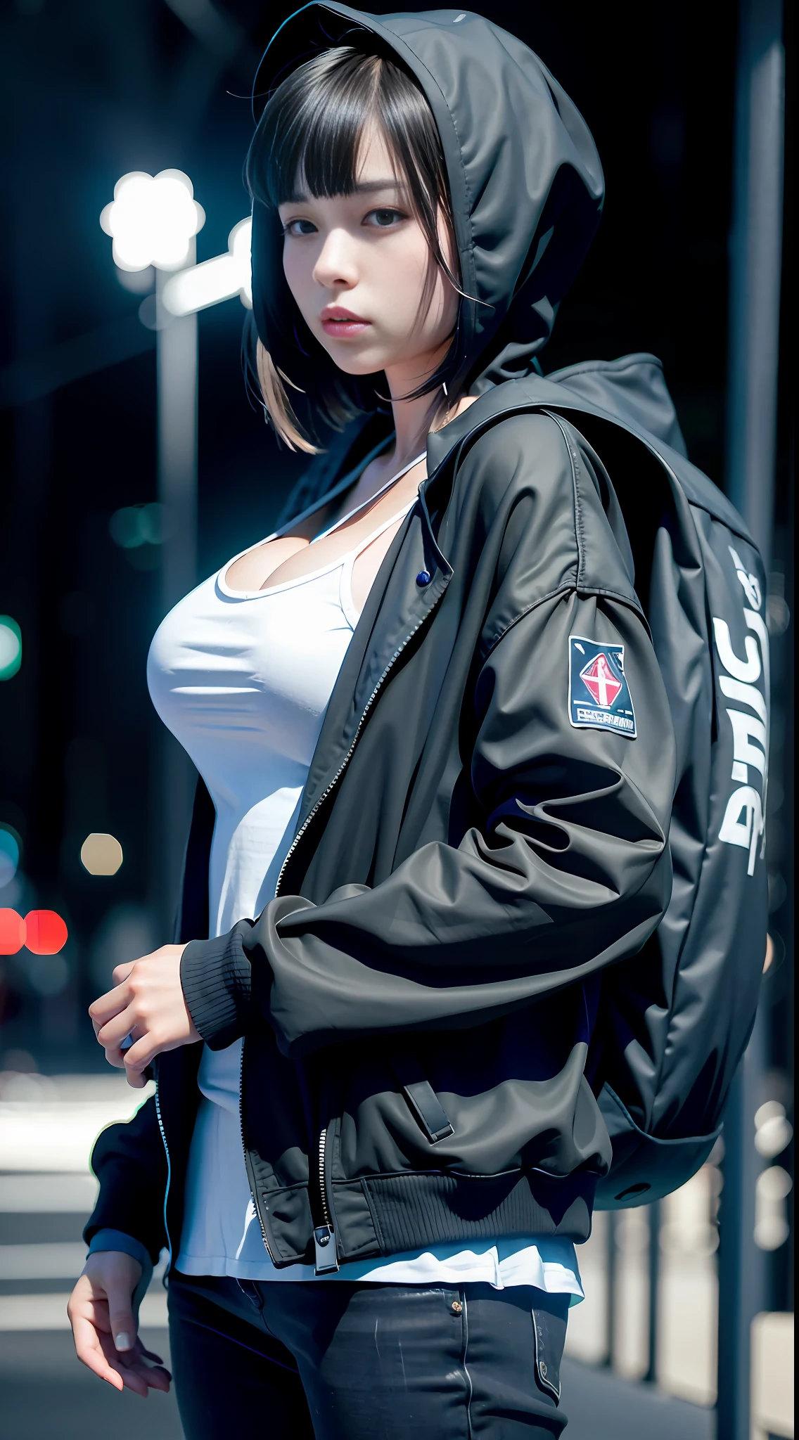 (8k, RAW photo, best quality, masterpiece:1.2), (realistic, photo-realistic:1.37),1girl, wearing hiphop_styles, backpack,cityscape, night, wet, professional lighting, photon mapping, radiosity, Korean Doll,torn , medium breasts, hiphop_styles_hoodie_jacket,