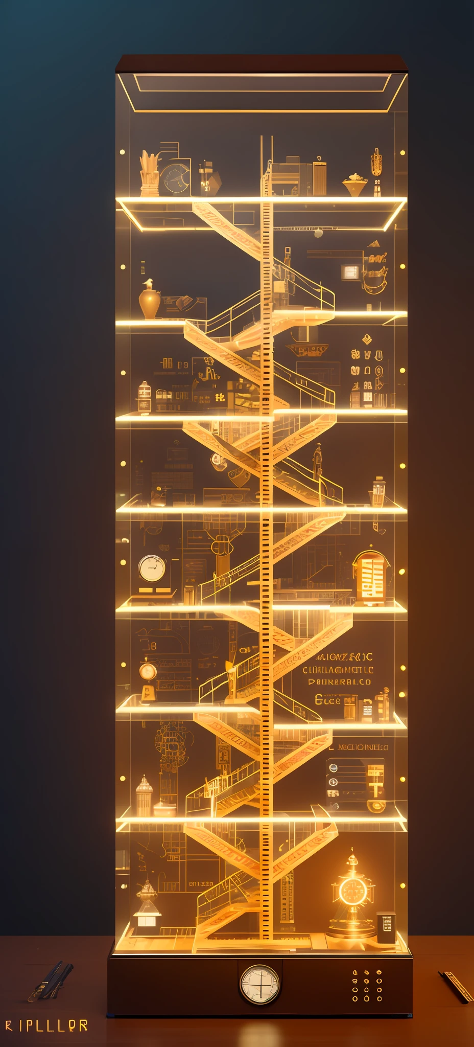 steampunk,knollingcase, isometic render,coffee shop,Spiral stairs,isometric display case, knolling teardown, transparent data visualization infographic, high-resolution OLED GUI interface display, high contrast, micro-details, octane render, photorealism, photorealistic