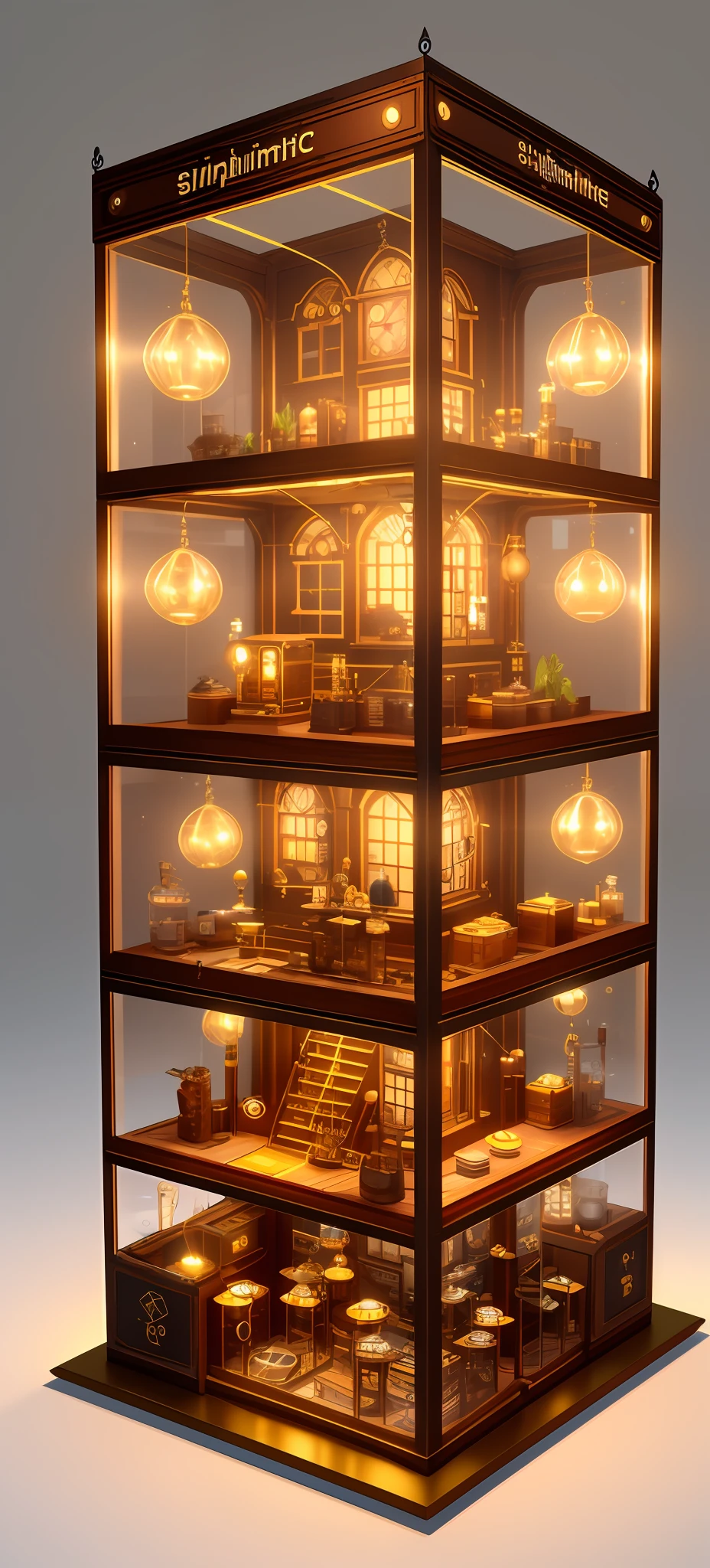 steampunk,knollingcase, isometic render,coffee shop,Spiral stairs,isometric display case, knolling teardown, transparent data visualization infographic, high-resolution OLED GUI interface display, high contrast, micro-details, octane render, photorealism, photorealistic