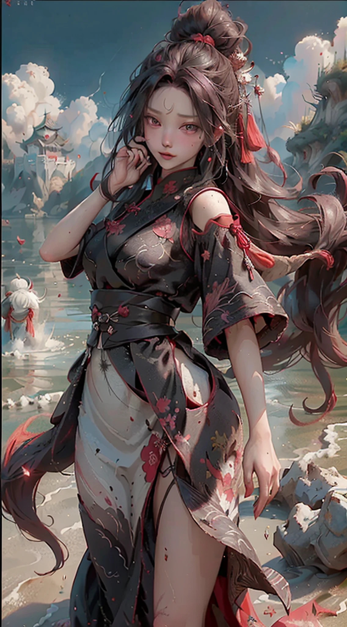 ((best quality)), (((masterpiece))), (highres), original, extremely detailed 8K wallpaper, [an extremely delicate and beautiful girl who with dark red long hair,dress,scarf,feather and is (heroic battle:1.3)],(beautiful detailed red eyes),world masterpiece theater,beautiful detailed garden, fluttered detailed petal, grow, melting, abstract, [a girl who has short hair with long locks,small breast ,messy hair, red eyes,long sleeves ,Taoist robe,oversized clothes is melting and splashing],splash,hyper detailed,backlighting,sand, water,black background, dust clodust,water splash, (((Ink painting style))),(((Chinese Brush Painting))),, Blacker than black, darker than darkness, I wished for my crimson mixture, The hour of awakening has come, Falling into the border of infallibility, Appear as a distortion of worklessness, dance dance dance, What I want from the torrent of my power is collapse, Unparalleled collapse, All things equally reduced to ashes, come from the abyss, This is mankind's most powerful means of attack., This is the ultimate attack magic, Explosion!