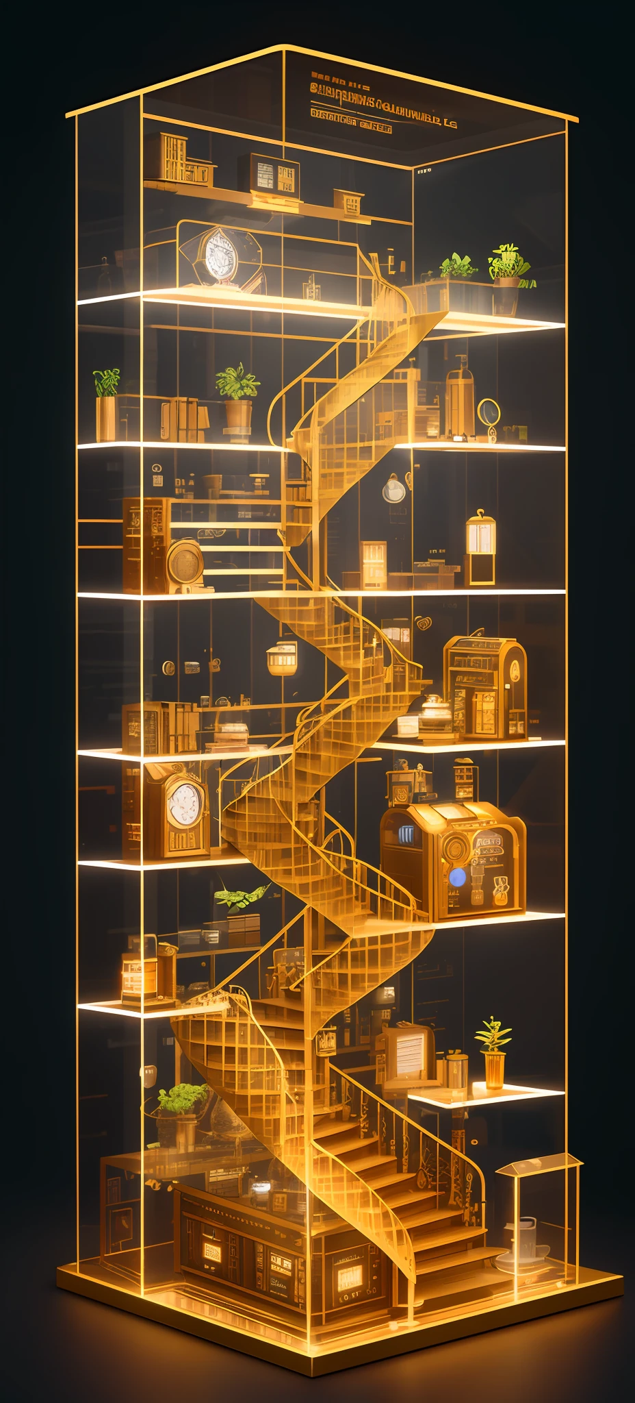 steampunk,knollingcase, isometic render,coffee shop,Spiral stairs,isometric display case, knolling teardown, transparent data visualization infographic, high-resolution OLED GUI interface display, high contrast, micro-details, octane render, photorealism, photorealistic