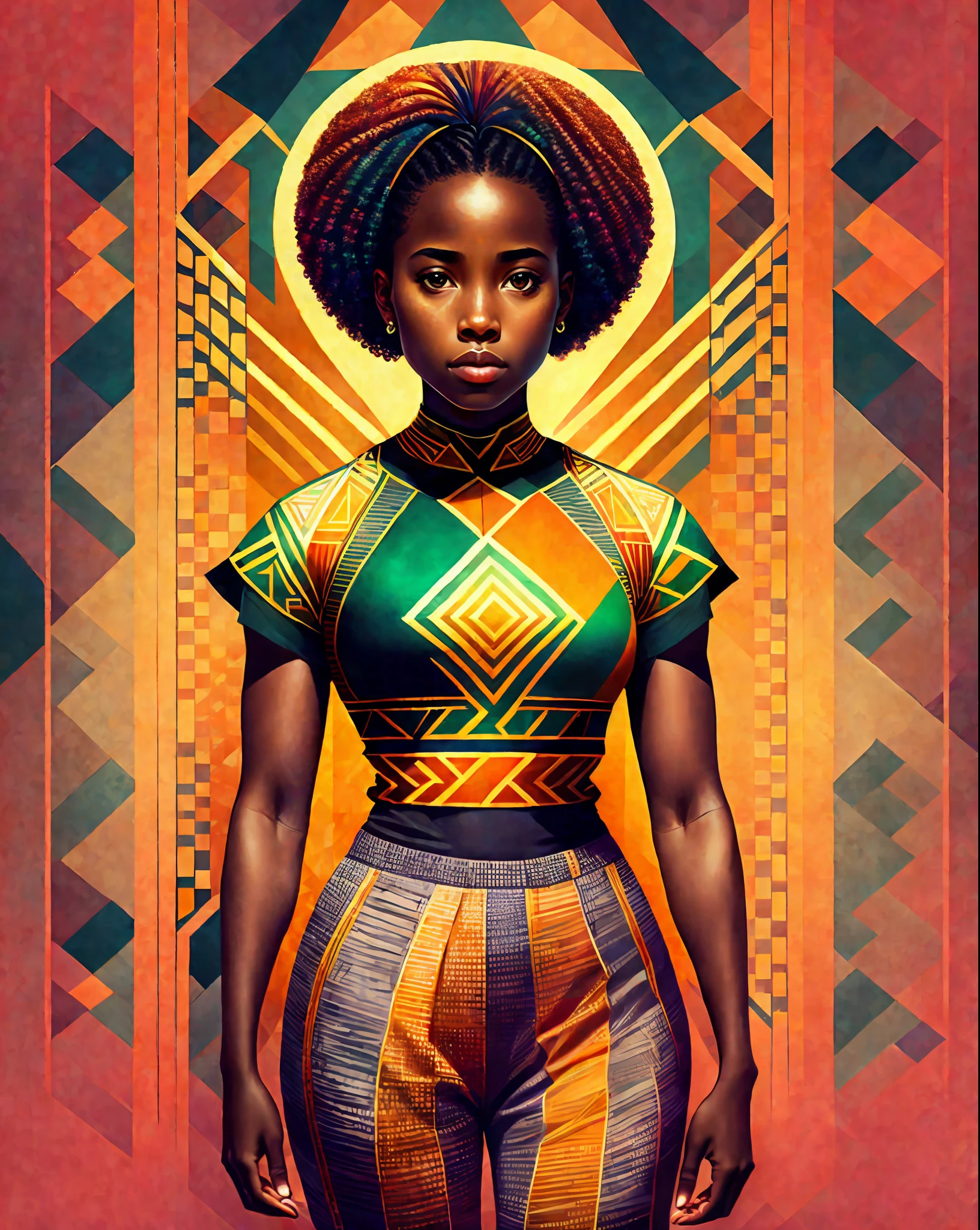 Portreit of an athletic and confident African American woman, rimlight, geometric pattern on clothes, 16k colored background,