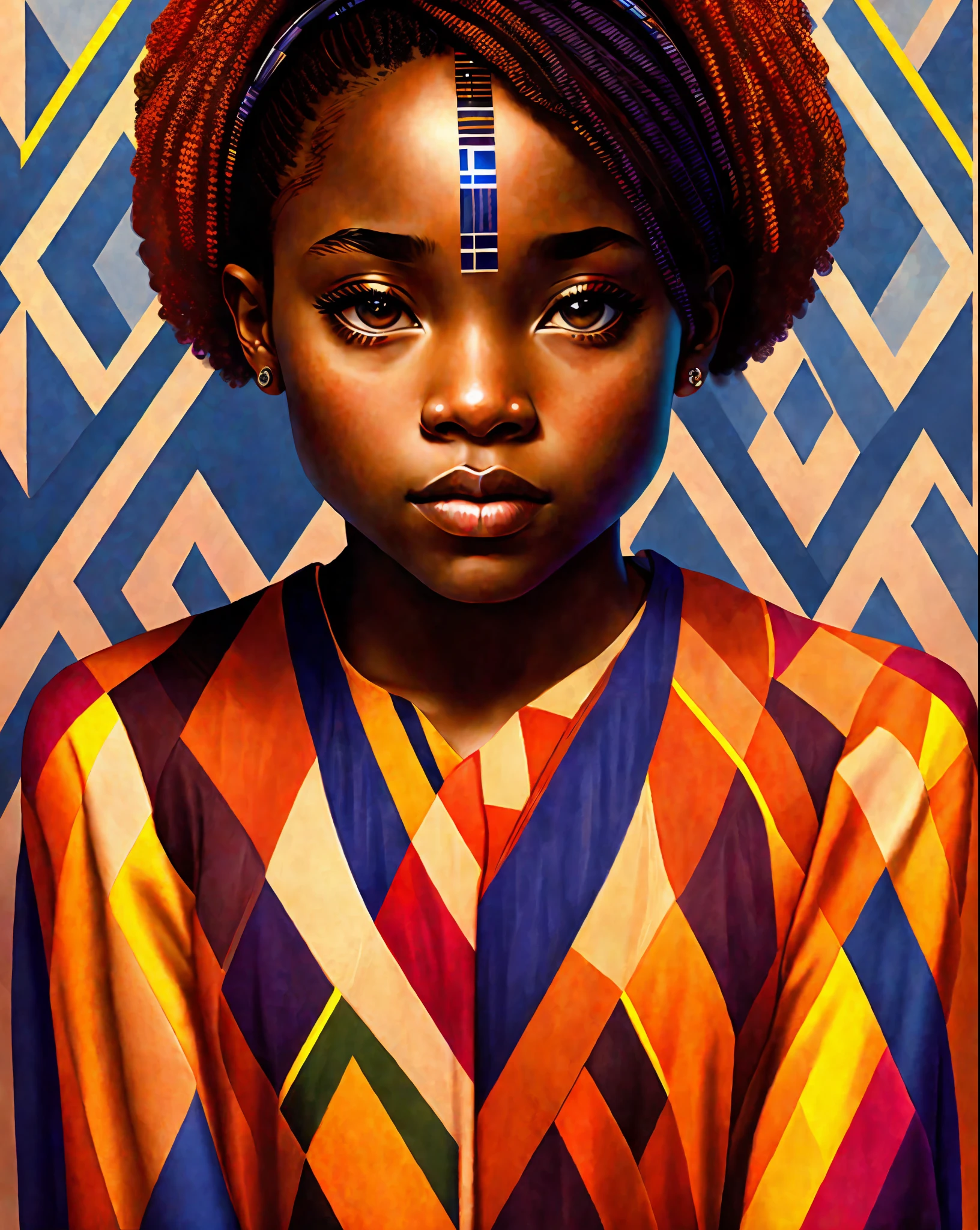 Portreit of an athletic and confident African American woman, rimlight, geometric pattern on clothes, 16k colored background,