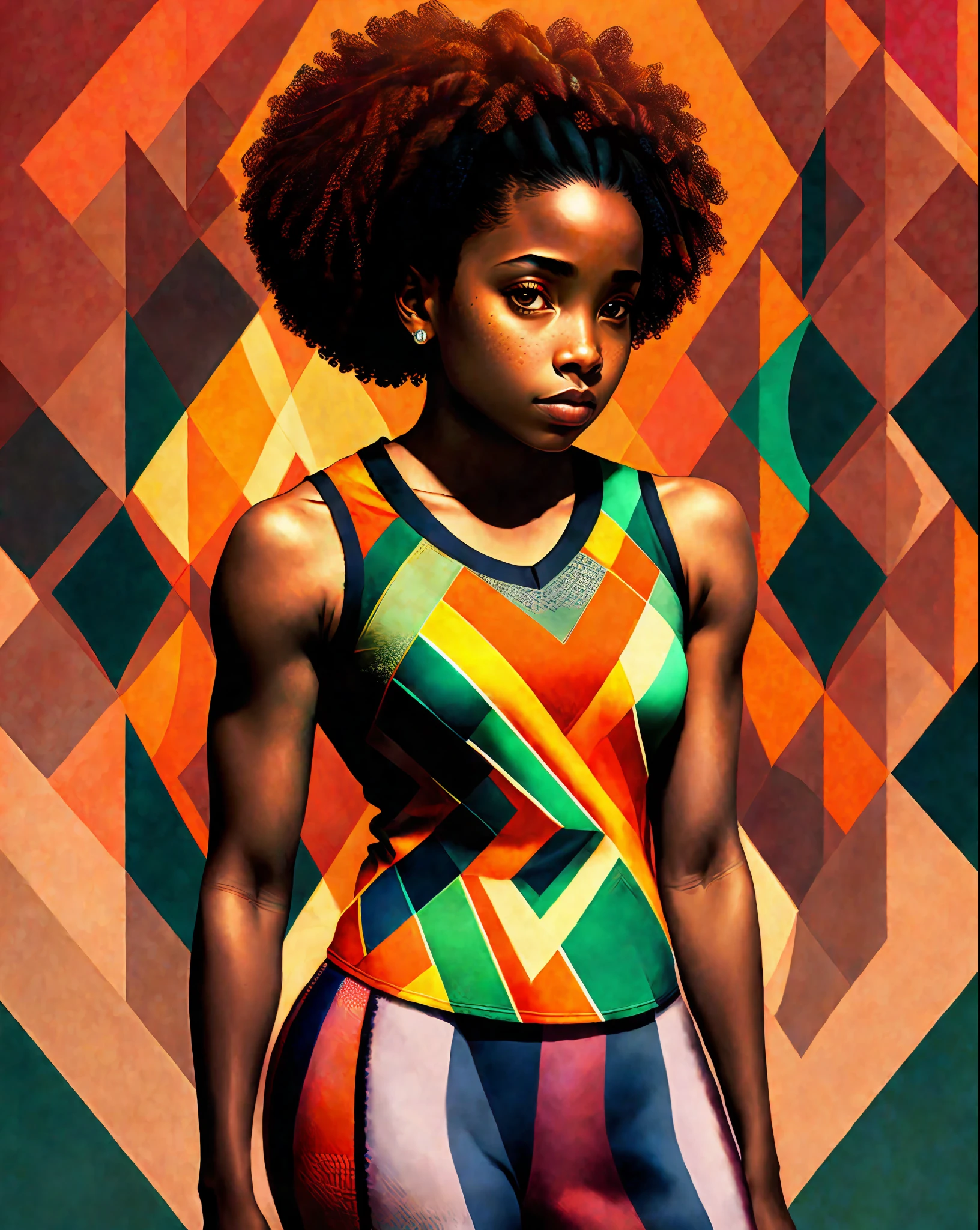Portreit of an athletic and confident African American woman, rimlight, geometric pattern on clothes, 16k colored background,