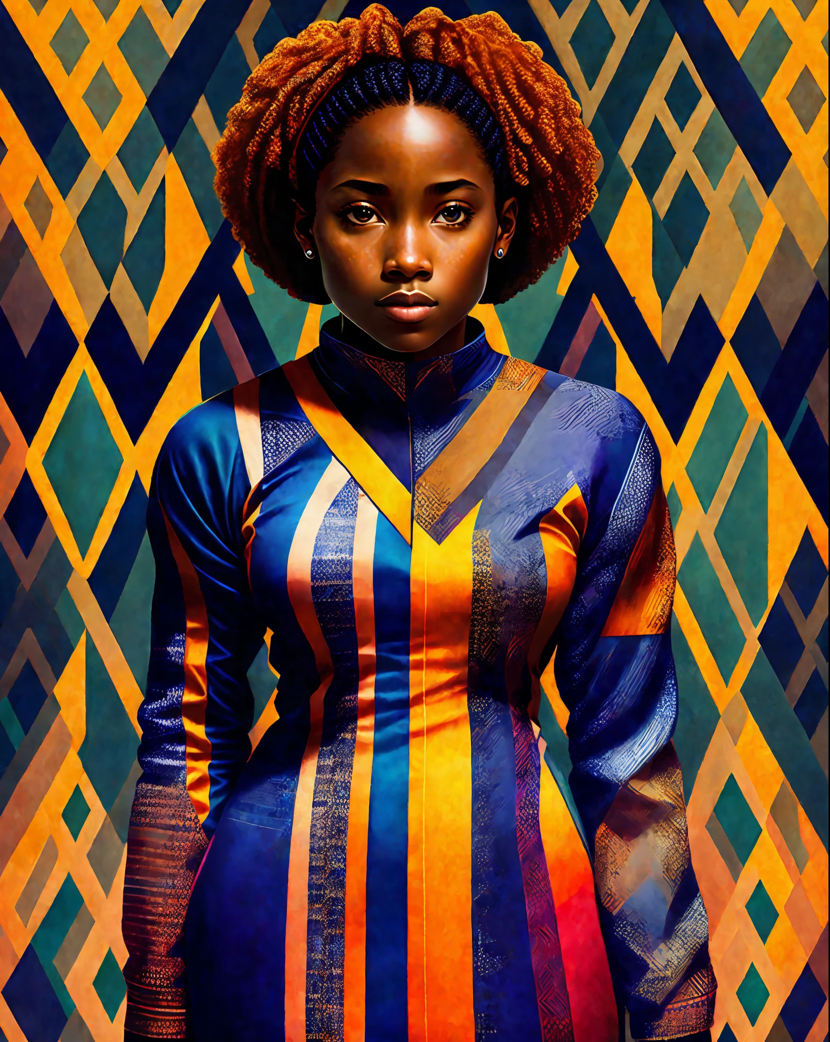 Portreit of an athletic and confident African American woman, rimlight, geometric pattern on clothes, 16k colored background,
