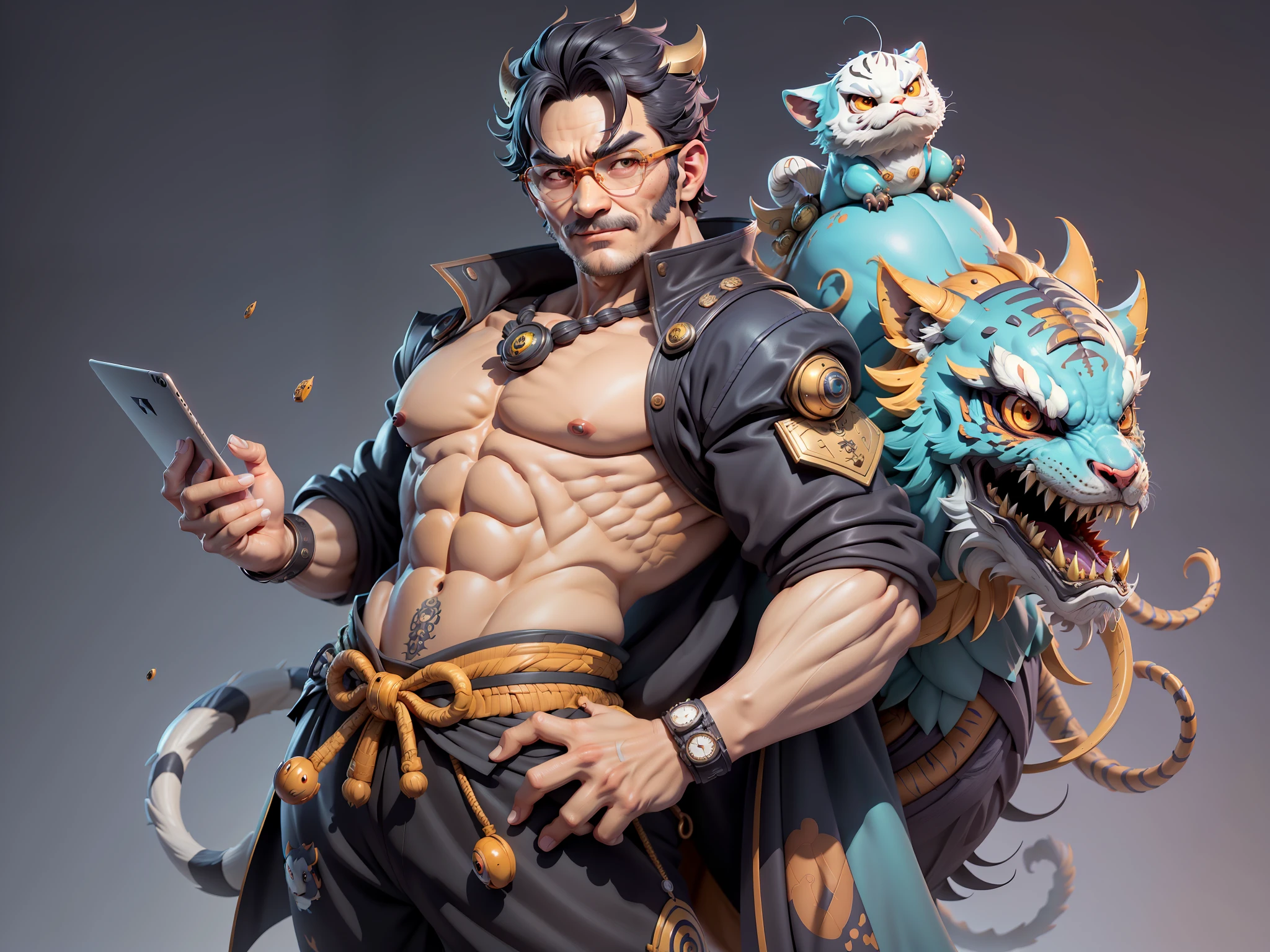 (Masterpiece), (Excellent), (Super Meticulous), (Full Body: 1.2), Super Young Man with Japanese Female Geisha, Pretty, Beautiful, Chinese Dragon, Tiger, Wind God Thor, Sexy, Bursting, Oriental Face, TV Anchor, Bust Portrait Illustration, Black Suit, Blue Tie, Slightly Chubby Face, Silver Glasses, Very Clean Face, No Beard on Chin, Black Super Short Hair, Black Eyes, Confident Smile, 3c Computer Sub-Products, iPad, iPhone, Digital Painting, 3D character design by Mark Clairedon and Pixar and Hayao Miyazaki and Akira Toriyama, the illustrations are HD illustrations in 4K resolution with highly detailed facial features and cartoon-style visuals.