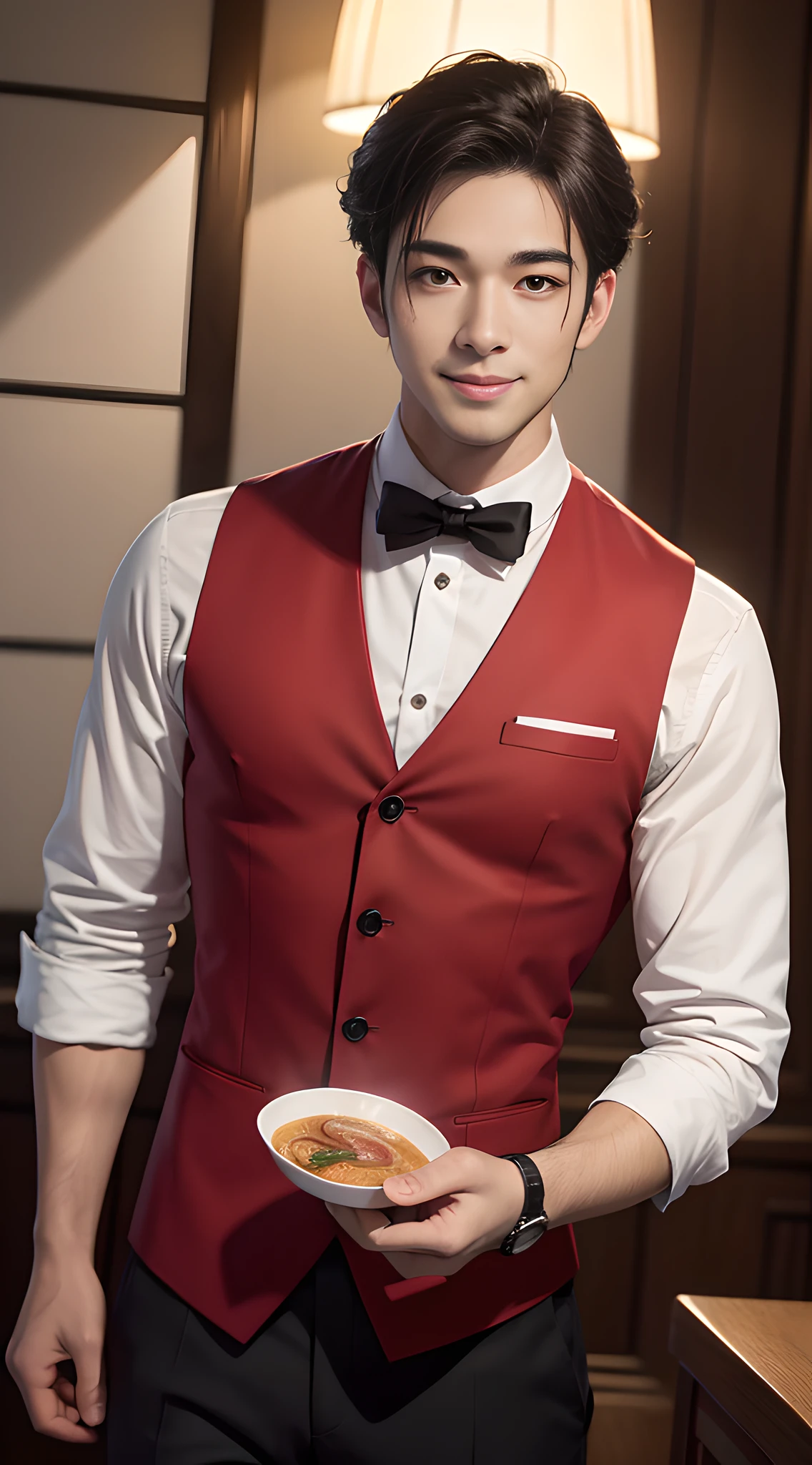 (handsome man), handsome muscular waiter of the prestigious restaurant,  he is in his 30's, red uniform, mischievous smile, (high detail:1 1), Natural muscle、highly quality、beautiful eye、(detailed face and eyes)、(faceless:1 2)、noise、real photo、...PSD、sharp focus、high resolution 8k、Realistic and professional photos、8K UHD、soft lighting、highly quality、film grain、Fujifilm XT3