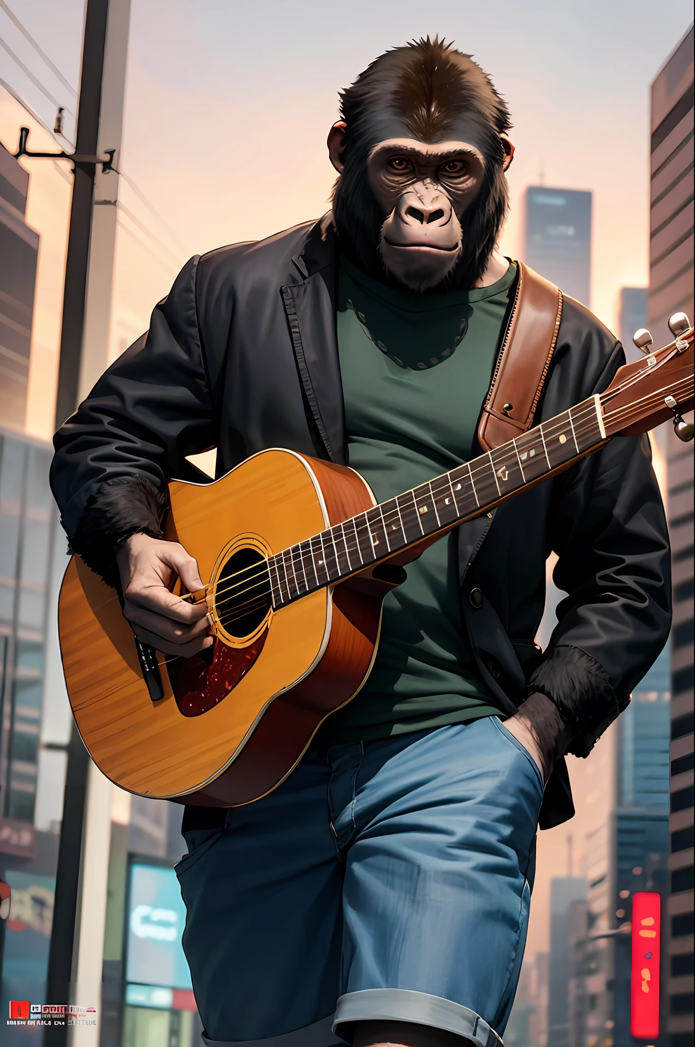 masterpiece, best quality, realistic , literary monkey, literary monkey, gorilla, blur, cable, cyberpunk, in costume, instrument in hand, solo,