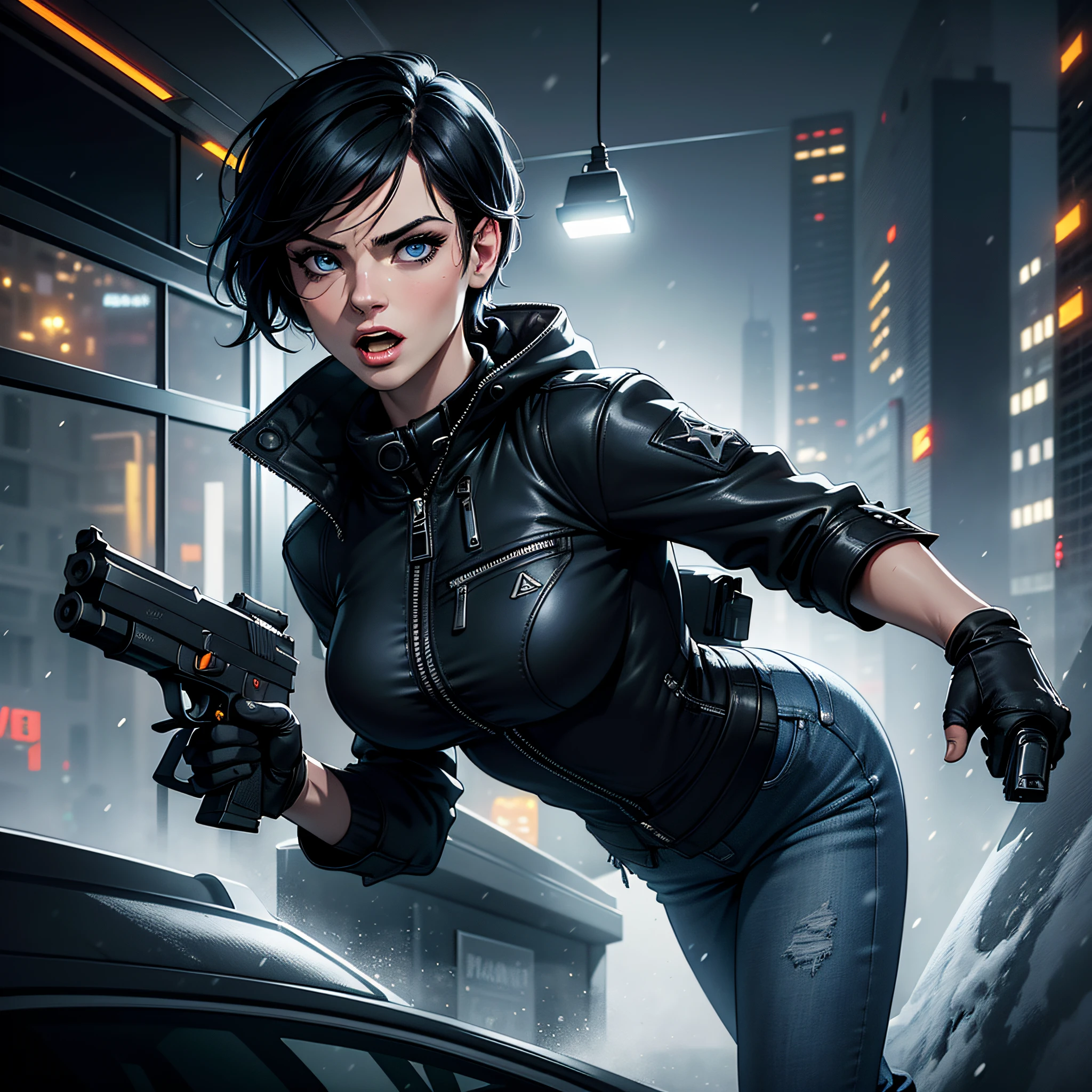 (((vector))), (Comics style), realistic, photorealistic, cinematic, cinematic lights, dark colors, volumetric lights, reflections, dramatic, ultra detailed, modern, ((masterpiece)), ((focus on face)), background, faint colors, beautiful, sexy woman, solo, blue eyes, short hair, black chanel hair, hair in the wind, light age marks, slim body fitness, (((inside the car))), detailed, well done, (((open mouth))) winter jacket,  jeans, sad, nobody, sad, dark city, snowing, city with snow, few lights, fog, cold, tense, cold gloves, looking at screen, sexy, beautiful, snow on body, puddles of water, blurred background, looking at screen, (((holding a pistol))), (((detailed pistol))).