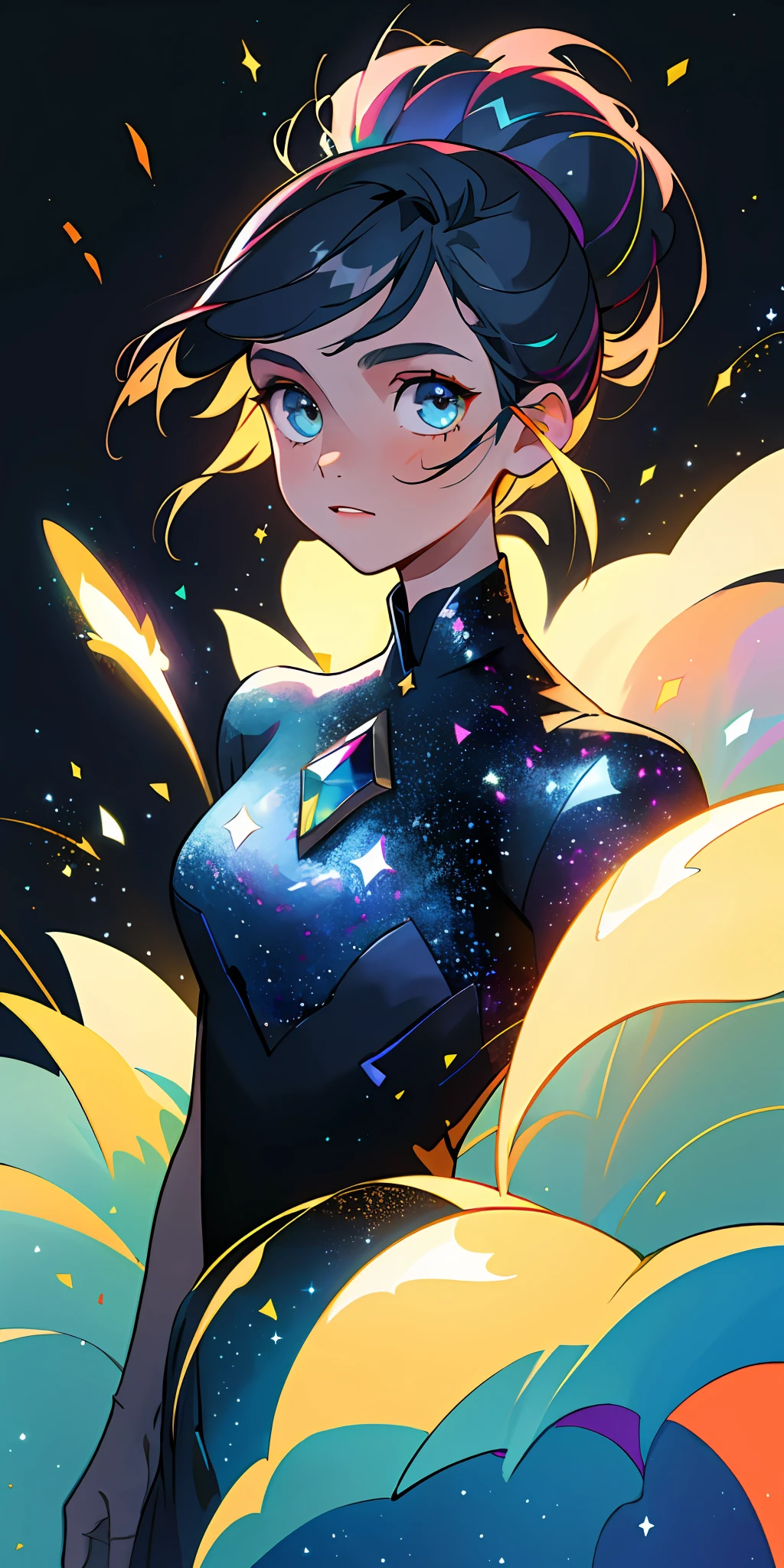 (best quality, masterpiece), 1girl, galaxy, glitter, dress, particle, wind, flower, upper body, dark simple background, looking at viewer, blue,