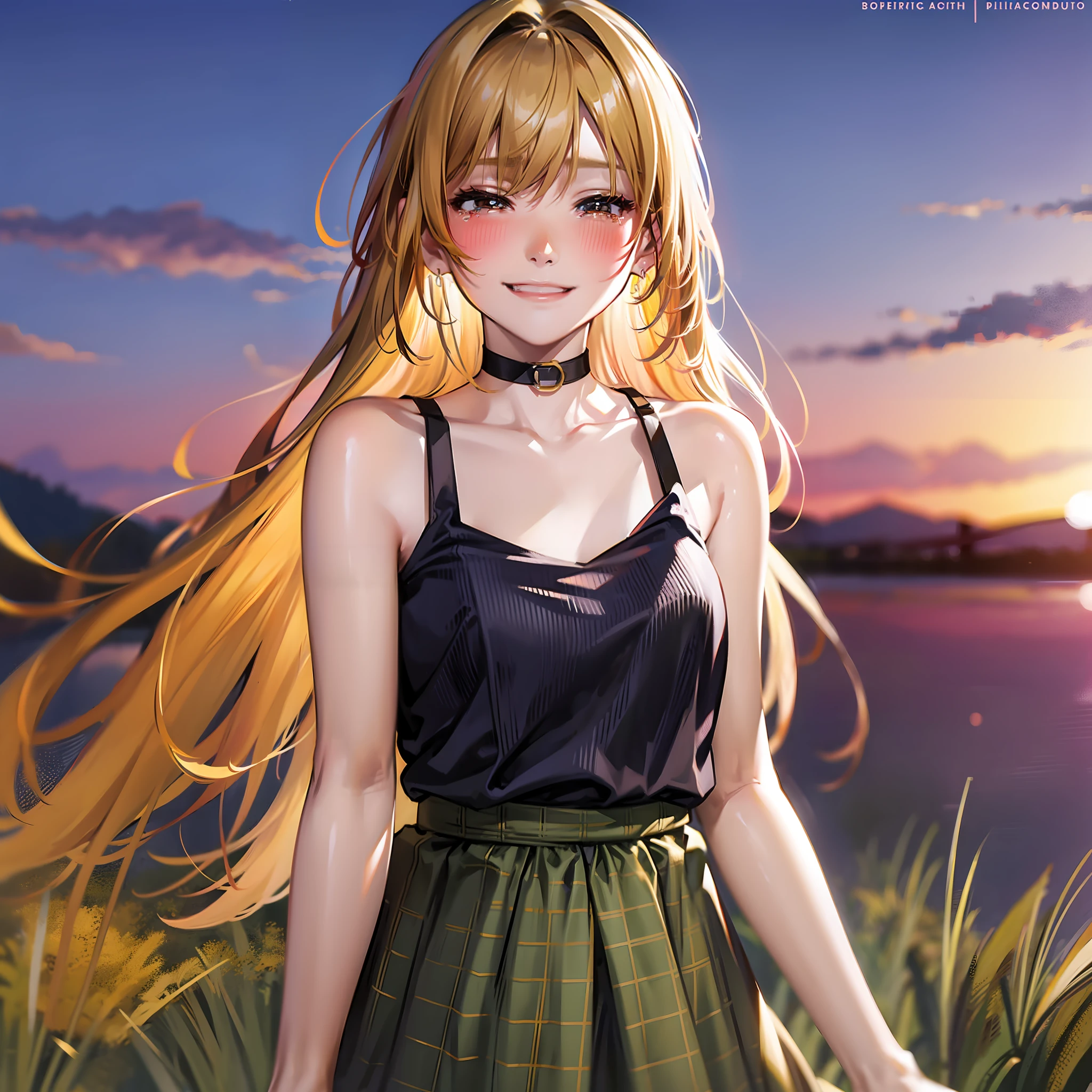 Top Quality, Best Masterpiece, 1 Woman, Solo, 20 Years Old, (Close Eyes: 1.4), Open Mouth, (sad Smile Crying: 1.4), Slouch, Slender and shiny body, looking at the camera, long yellow hair, hair fastening, tank top with red lines on black, checked skirt, blushing, evening, a lot of rice fields, big sunset, meadow, choker,