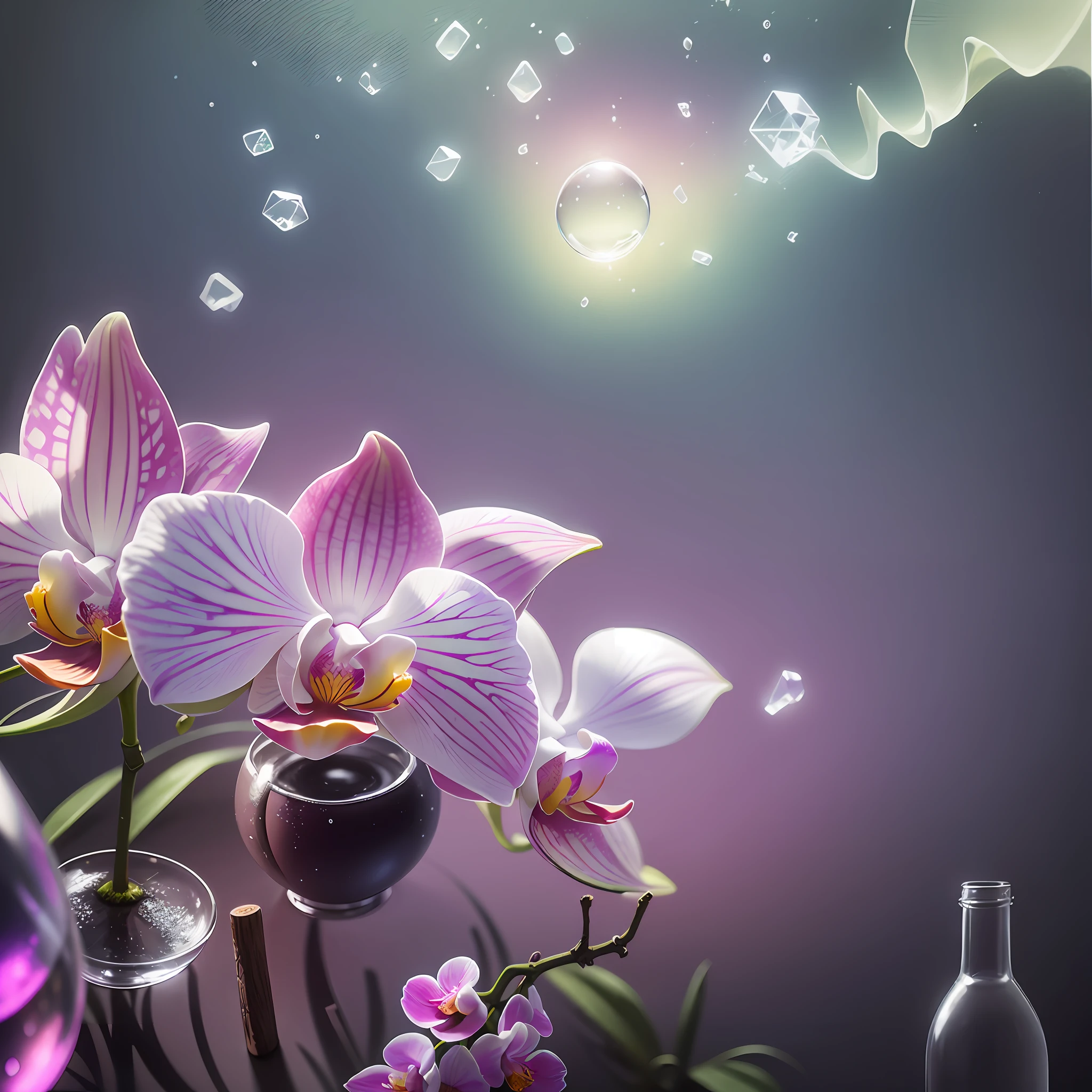 Computer Visualized Graphics, Realistic Fantasy, Extensive Landscape Ultrasound Photography (general view showing a glass, a bottle, inside, an orchid white and pink, dew, ice,), blurred background, warm, yellow, purple background, pink, warm, magic