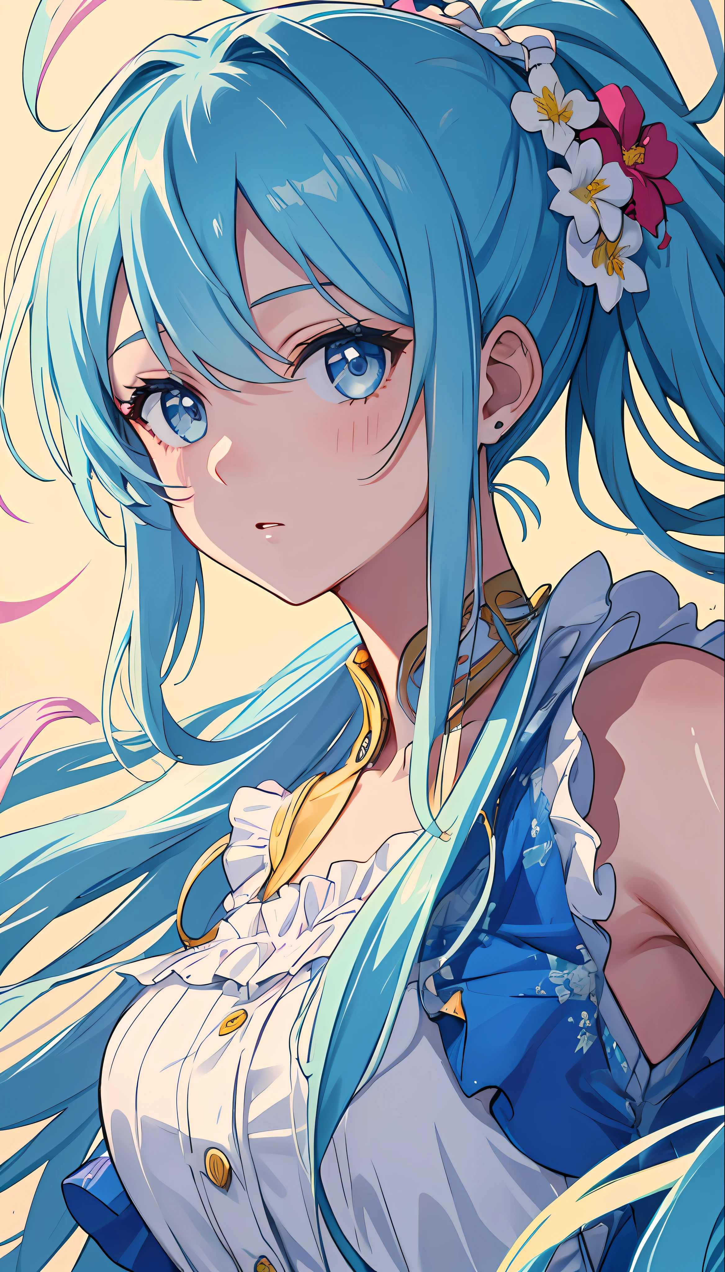 (masterpiece), (best quality), (ultra detailed),(disheveled hair),(illustration), (1girl), (Fashionable clothing), standing, Fashion model, looking at viewer, (interview), (simple background),beautiful detailed eyes, delicate beautiful face, Floating,(high saturation),(colorful splashes),colorful bubble,(shining), focus on face, ponytail, kamisato ayaka, light blue hair, bangs, hair ring, floating flowers, floating hairs, (shining), best lighting, best shadow,
