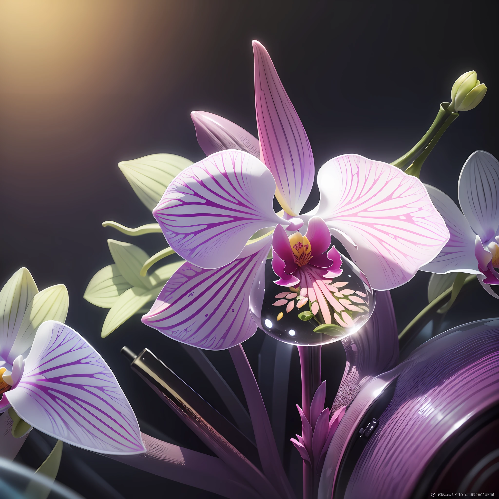 Computer Visualized Graphics, Realistic Fantasy, Extensive Landscape Ultrasound Photography (general view showing a glass, a bottle, inside, an orchid white and pink, dew, ice,), blurred background, warm, yellow, purple background, pink, warm, magic