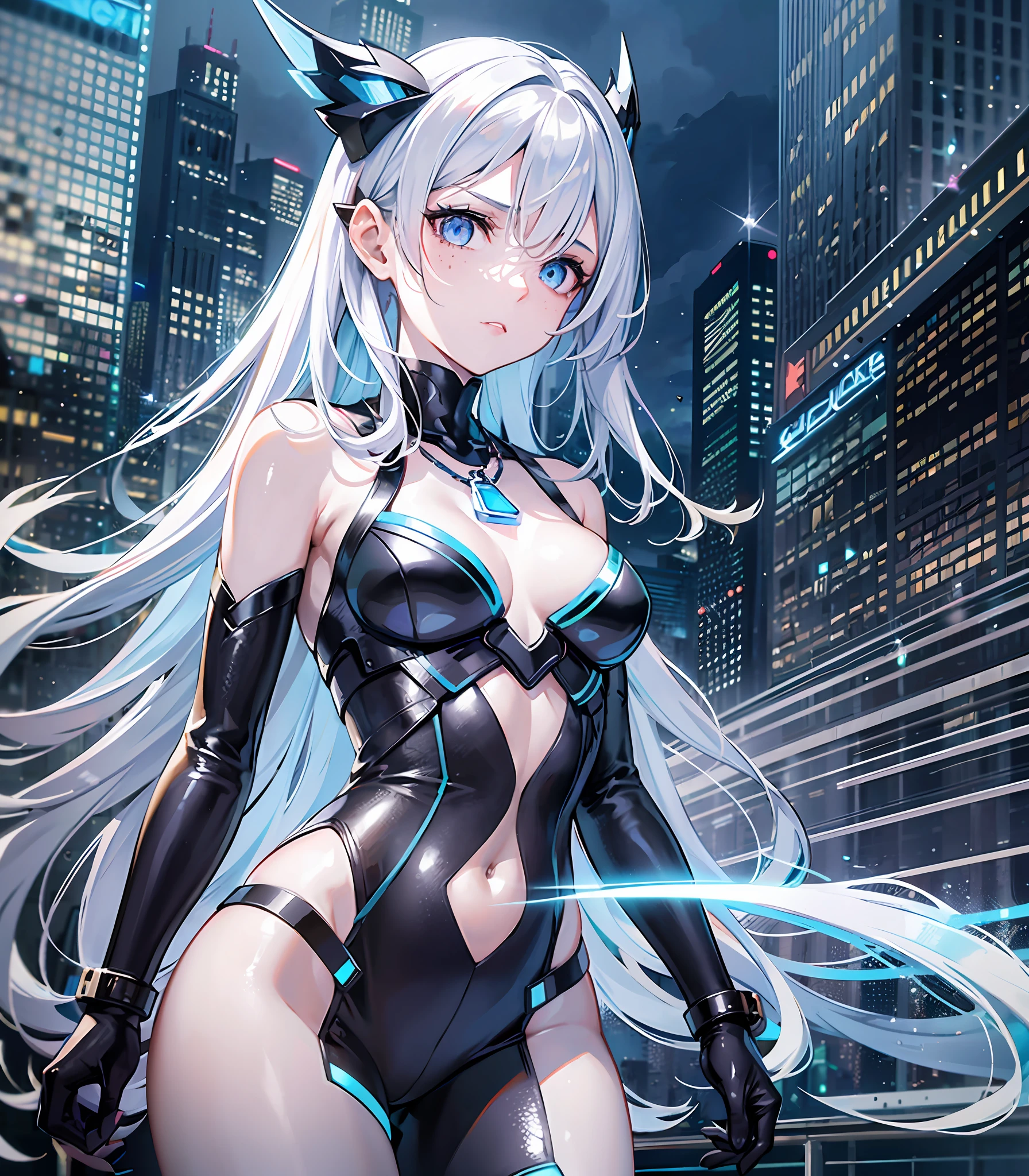 1girl, (solo:1.2), ((masterpiece)), [slim], (small breasts), pale skin, ((detailed eyes)), (bokeh effect), (dynamic angle), dynamic pose, futuristic cityscape with glowy neon lights and flying cars in the distance, soulful eyes, smattering of freckles across her nose, a flowing, transparent tunic made of shimmering silk that clings to her lithe body, topped with a pair of sleek boots. Her arm is adorned with a sparkling, blue-tinted bracelet, with a matching necklace draped around her neck