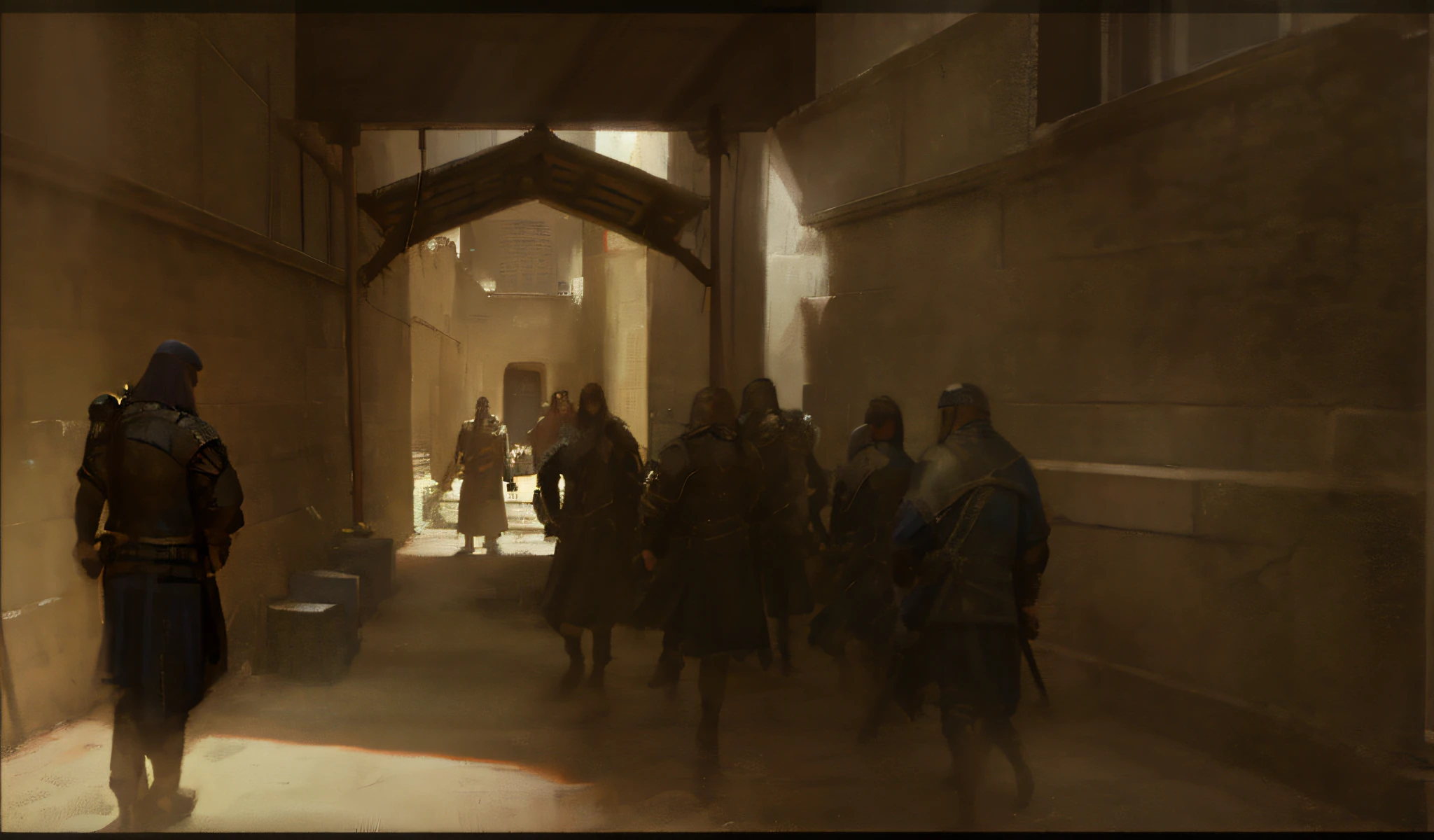 A group of Israeli male soldiers with sword in the time of Jesus Christ walking down a street in a narrow alley, filmed from Game of Thrones, cinematic in-game, live-action movie scene, detailed cinematic footage, mid shot cinematic fight, from Witcher (2021), good cinematic lighting, still from a live-action movie, screenshot of action scene,  cutscene footage, high quality footage