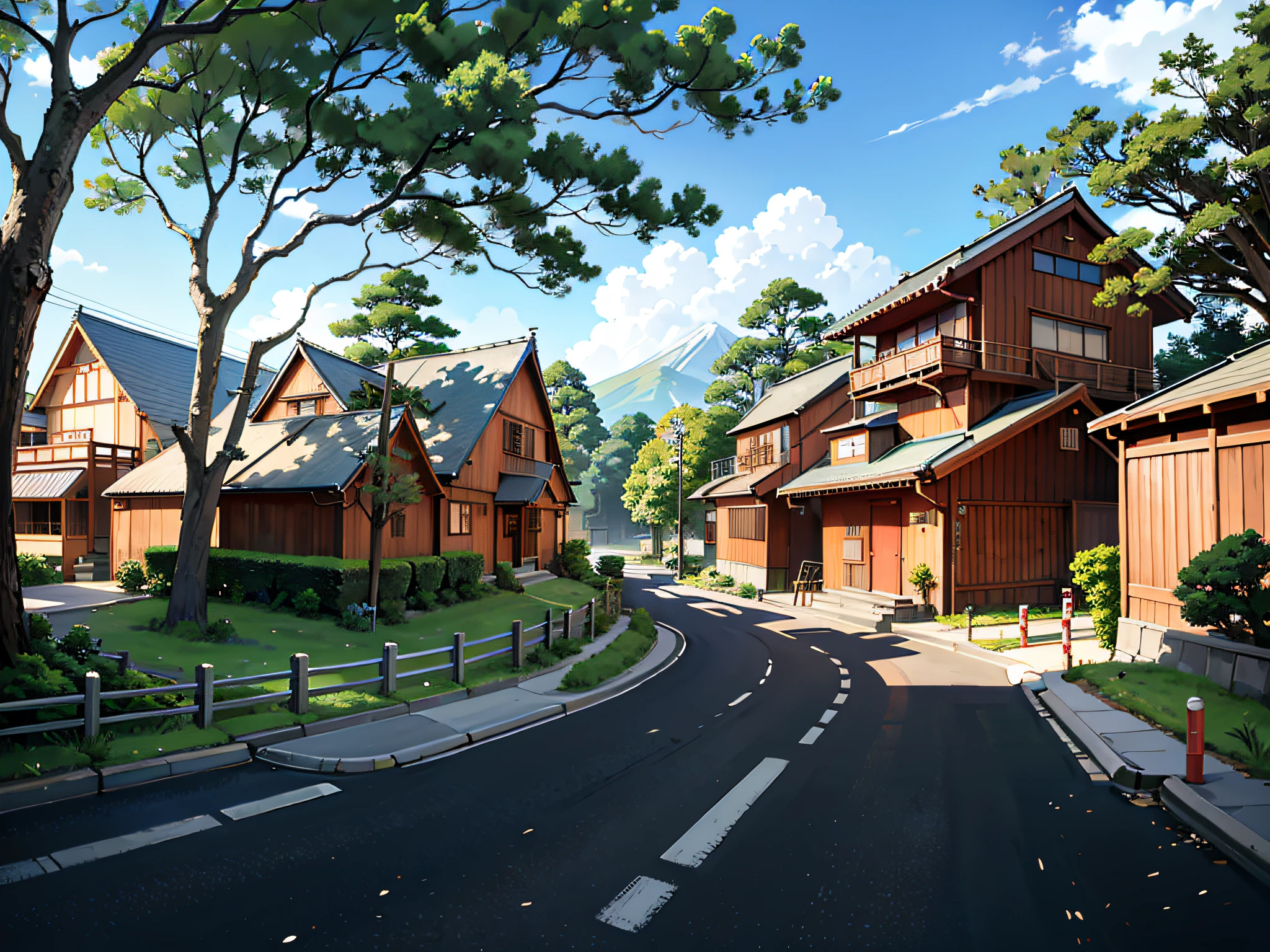 (Japanese town Landscape), (Hayao Miyazaki Style), cartoon, japanese townhouse, road, bend, small house, tree, pole, white cloud, landscape, outdoor, green trees, epic composition, realistic lighting, high-definition detail, masterpiece, the best quality, (very detailed CG unified 8k wallpaper), --v6