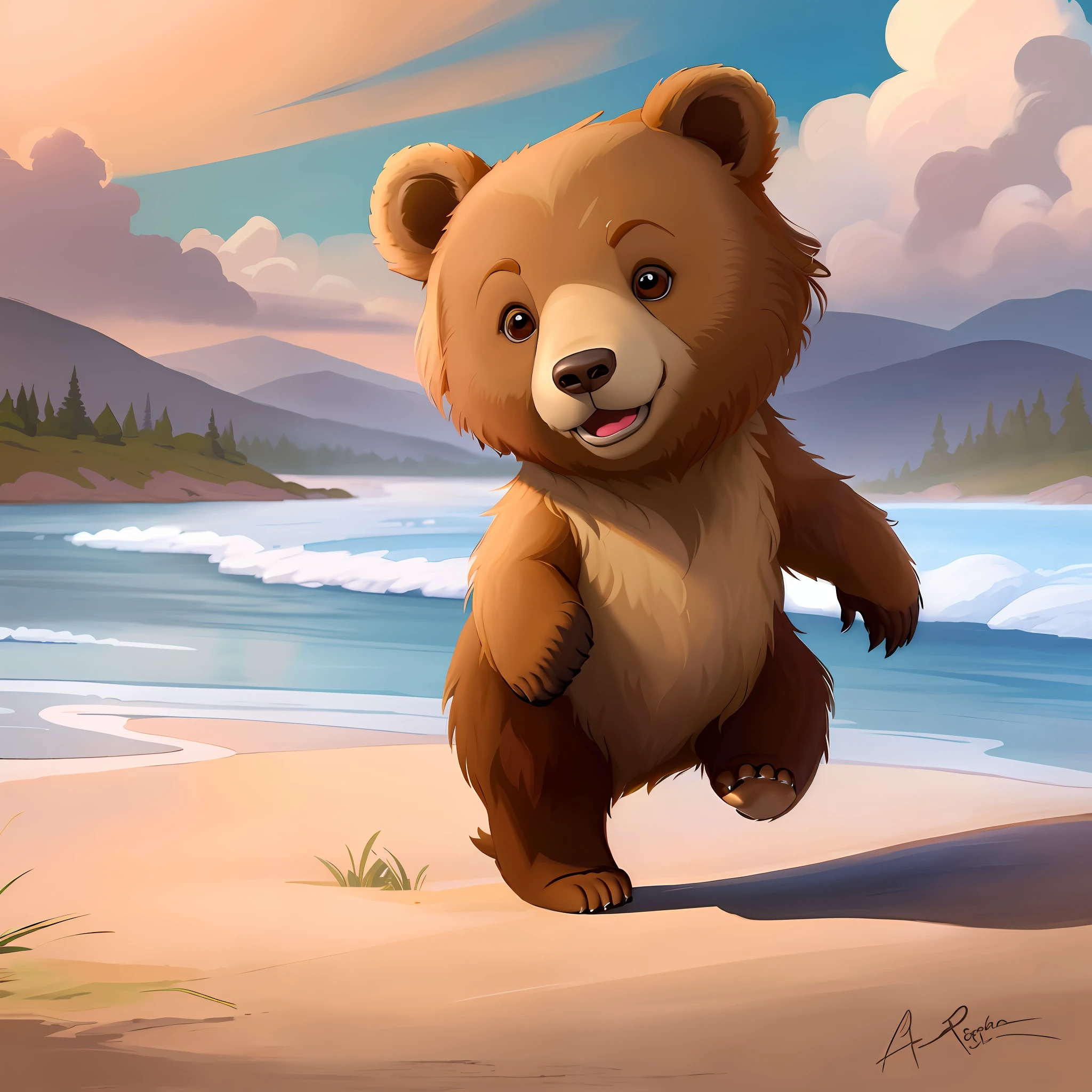 painting of a brown bear lying on the grass, adorable digital painting, by Patrick Brown, bear running, beautiful detailed digital art, anthropomorphic bear portrait, children's art in artstation, digital cartoon painting, by Alexander Robertson, digital cartoon painting art, inspired by Patrick Brown, beautiful digital art, colorful epic illustration, art.