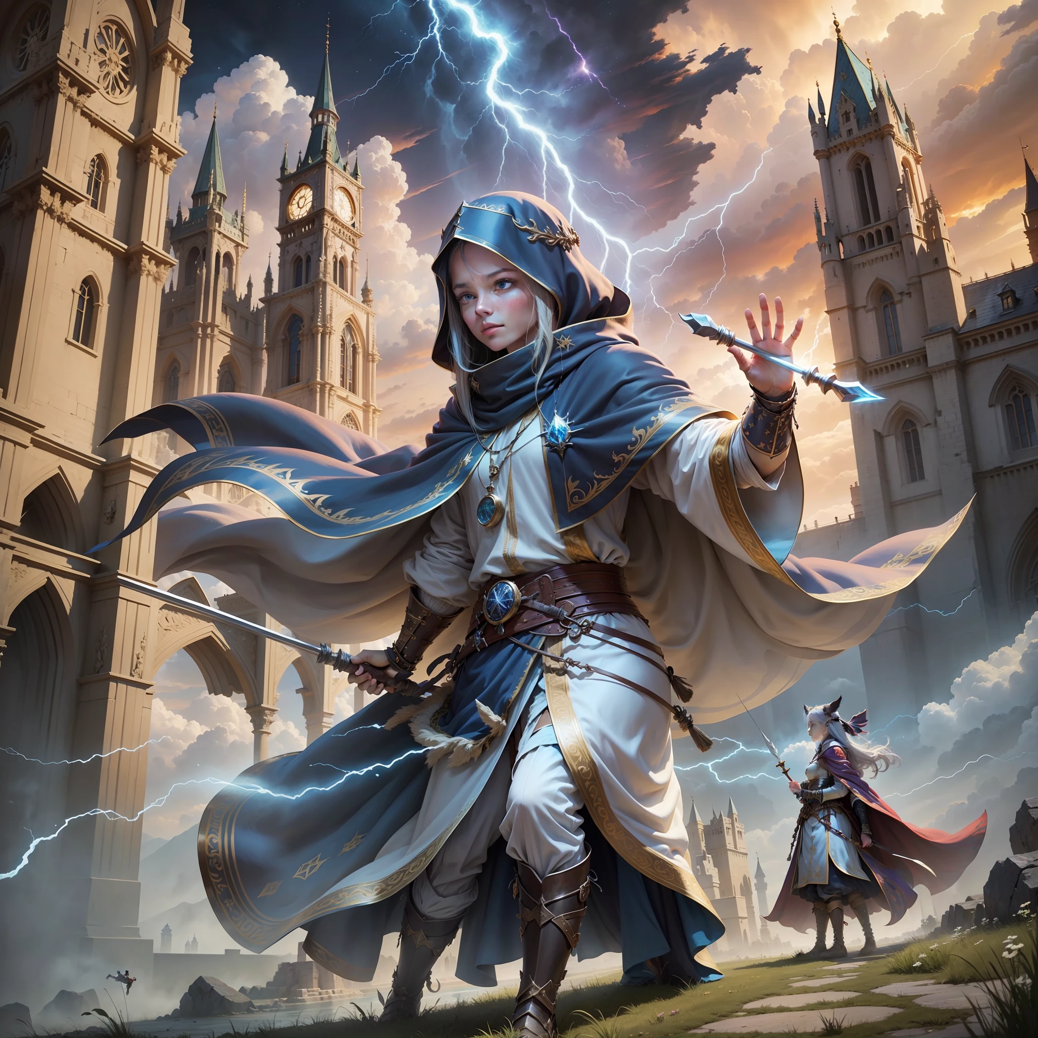 Step 1 - Scene: This is a magical scene with multiple characters in it. The scene features magnificent epic cinematic style buildings and landscapes, including towers, city walls, bridges, meadows, and lakes. There are mysterious clouds and lightning in the sky, as well as the flow and flickering of magical energy.
Step 2 - Labels (relational, noun, verb):
Characters: Many people, male, female, elderly, young
Clothing: magical decorations, ancient costumes, armor, robes, cloaks, boots
Architecture: walls, towers, bridges, palaces, shrines, meadows, lakes
Sky: Clouds, lightning, magical energy
Items: magic staffs, swords, bows and arrows, shields, magic crystals, books
Actions: casting, fighting, running, jumping, flying, resting, talking, thinking, observing
Step 3 - tag:
Characters: Multiple characters, male, female, elderly, young
Clothing: magical decoration, ancient attire, armor, --auto --s2