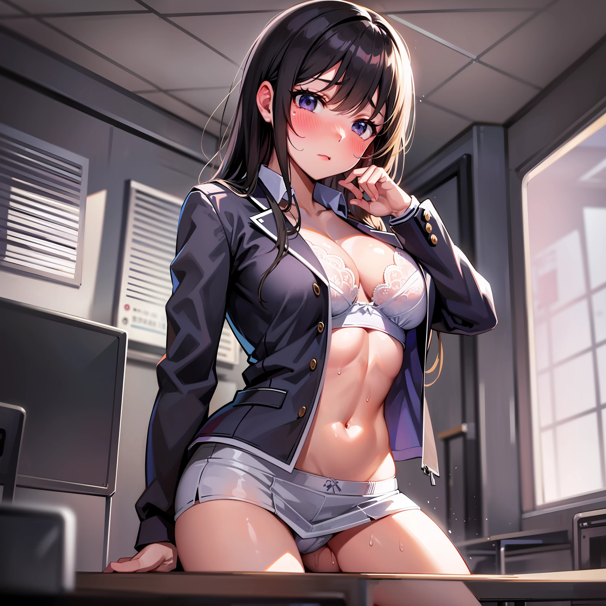 Realistic, high school girl, alone, solo, classroom at dusk, taking off uniform, medium breasts, bra, underwear, sheer with sweat, embarrassed, blushing