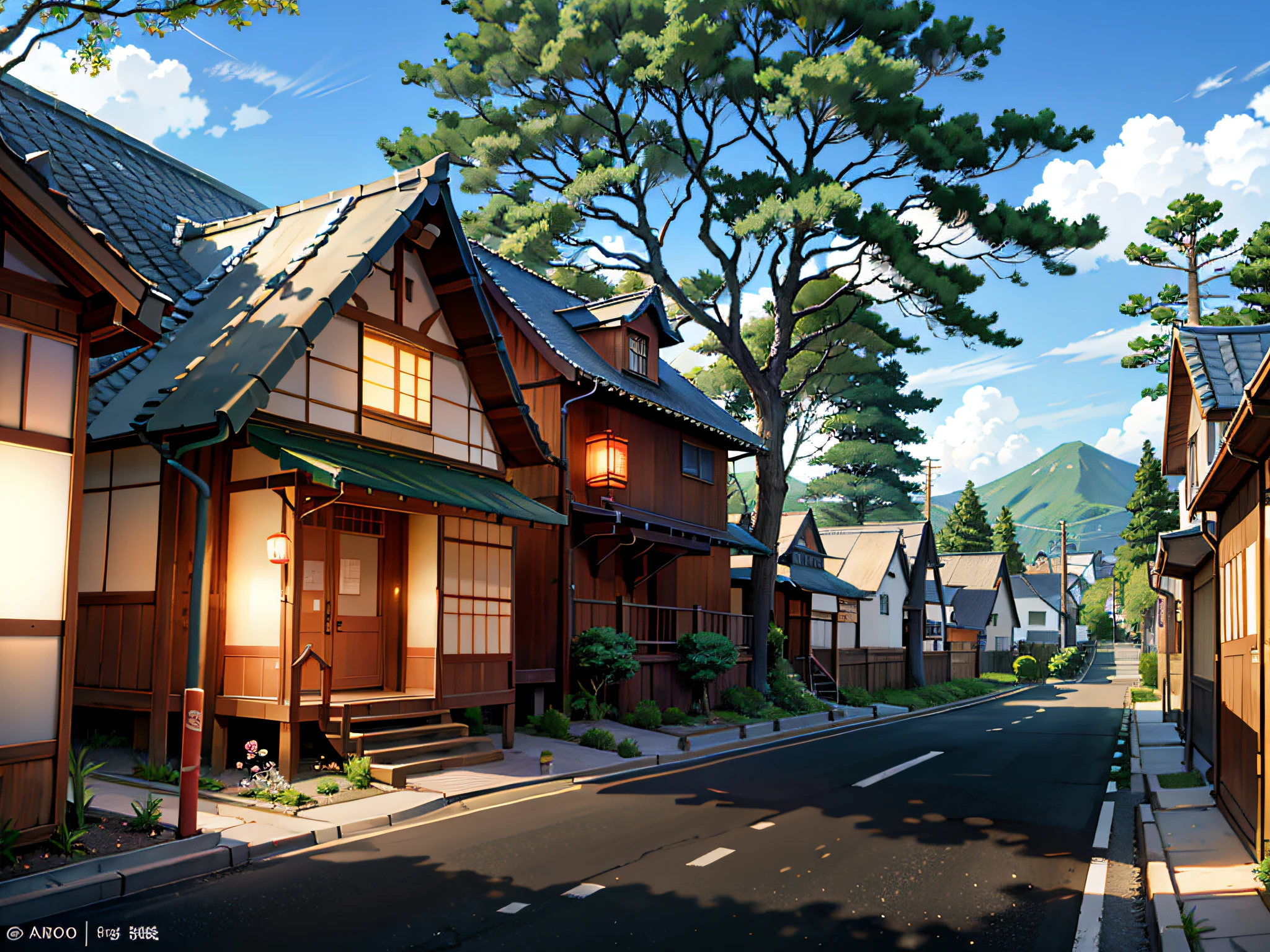 (Japanese town Landscape), (Hayao Miyazaki Style), cartoon, japanese townhouse, road, bend, small house, tree, pole, white cloud, landscape, outdoor, green trees, epic composition, realistic lighting, high-definition detail, masterpiece, the best quality, (very detailed CG unified 8k wallpaper), --v6