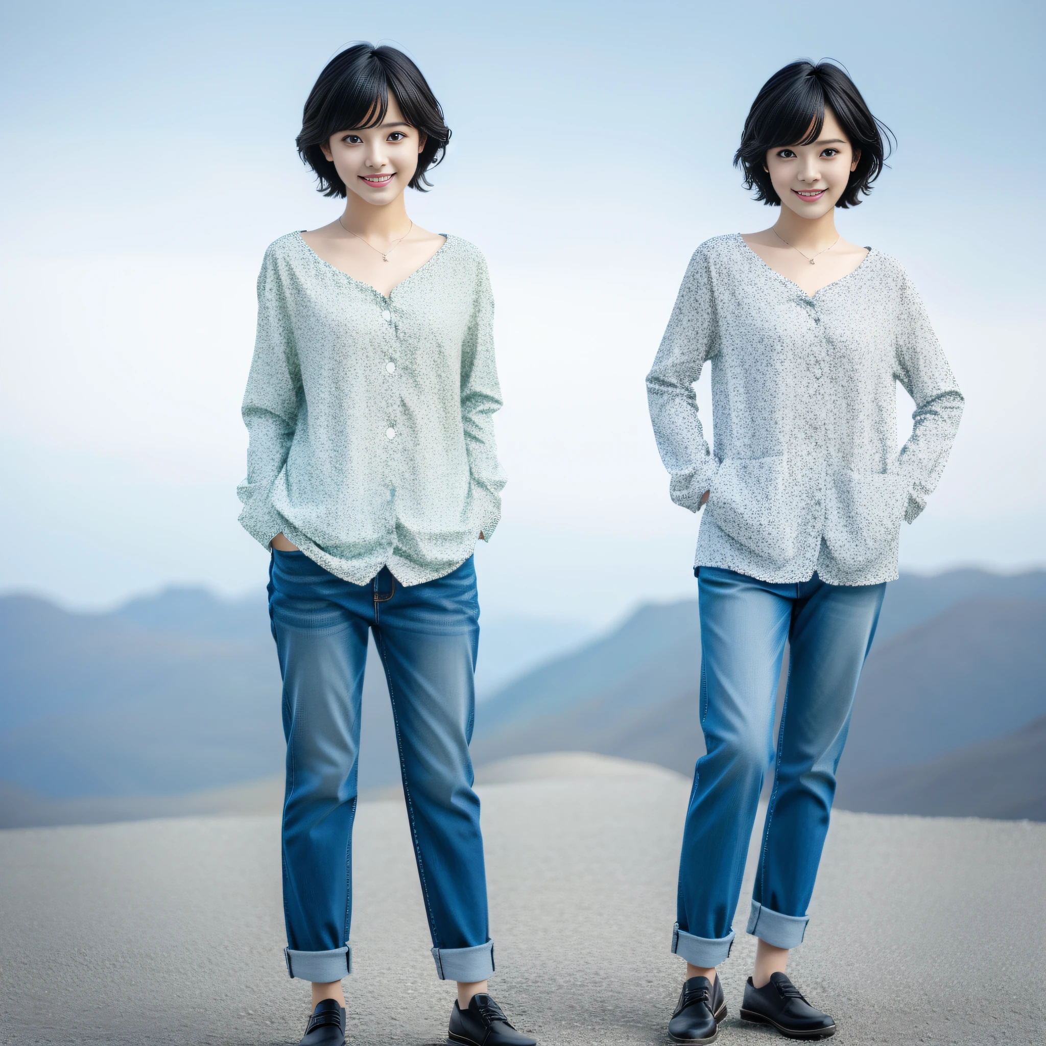 Capture ultra-realistic and highly detailed images, (Best Quality, Masterpiece:1.1), (Real:1.4), 1 Girl,Anime, Anime, Hands on Hips, Character, Realistic, 3D, People, Mix, Black Hair, Very Short Hair, 2D, Model, Real Person, Full Body, Woman, Smile