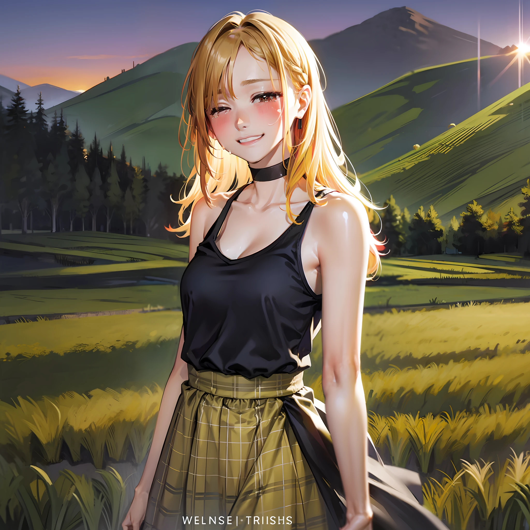 Top Quality, Best Masterpiece, 1 Woman, Solo, 20 Years Old, (Close Eyes: 1.4), Open Mouth, (sad Smile Crying: 1.4), Slouch, Slender and shiny body, looking at the camera, long yellow hair, hair fastening, tank top with red lines on black, checked skirt, blushing, evening, a lot of rice fields, big sunset, meadow, choker,