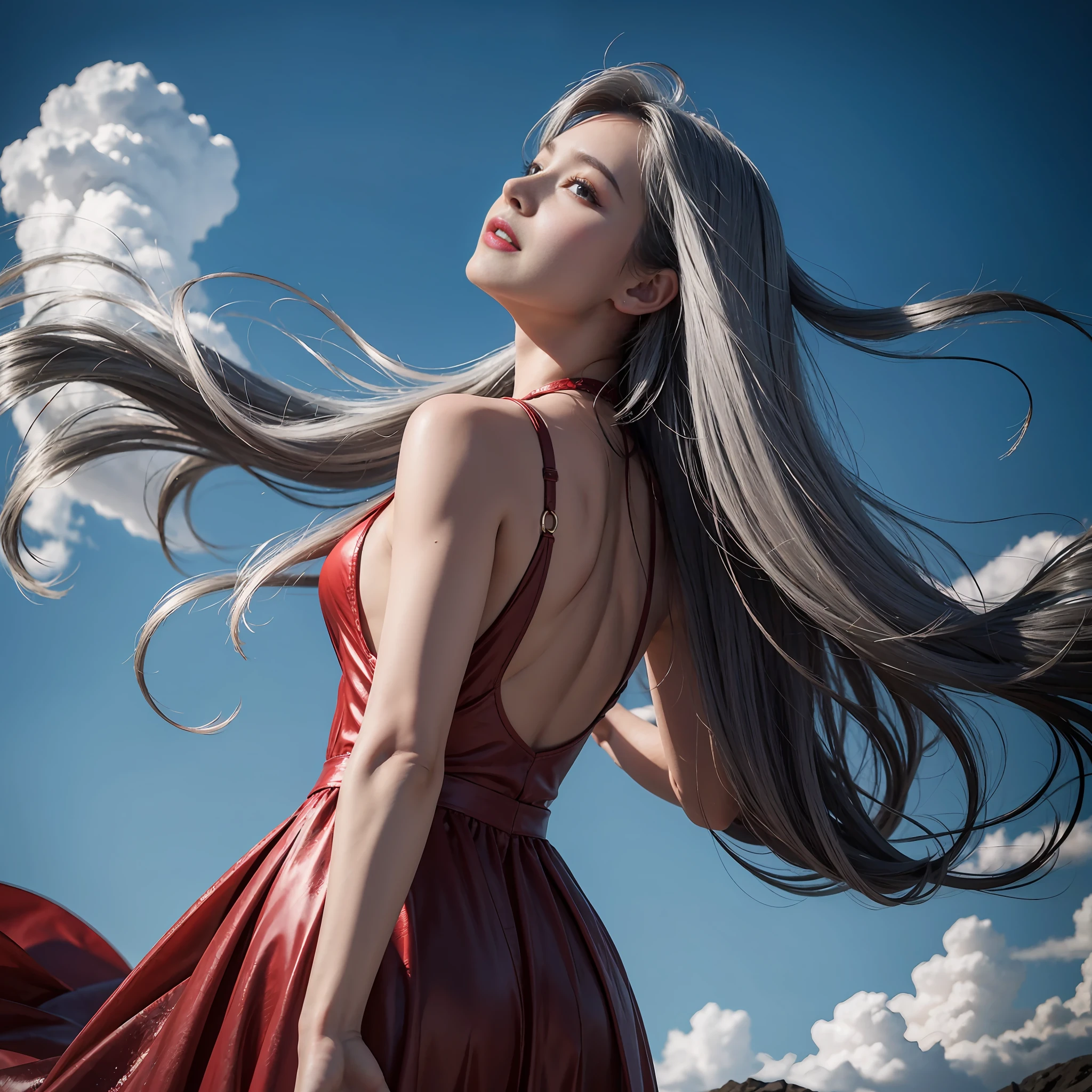 38 year old beauty, arms wide spread, high place, back figure pointing upwards, back figure, looking up at the heavens, wide open hands, red fantastic clothes, towards the sky, super detailed watercolor, fantastic background, wind is blowing from her front, beautiful long gray hair is fluttering behind her, very strong wind, beautiful, very detailed gray hair, back figure, super realism, insanely detailed, beautiful fingers, beautiful hands,
