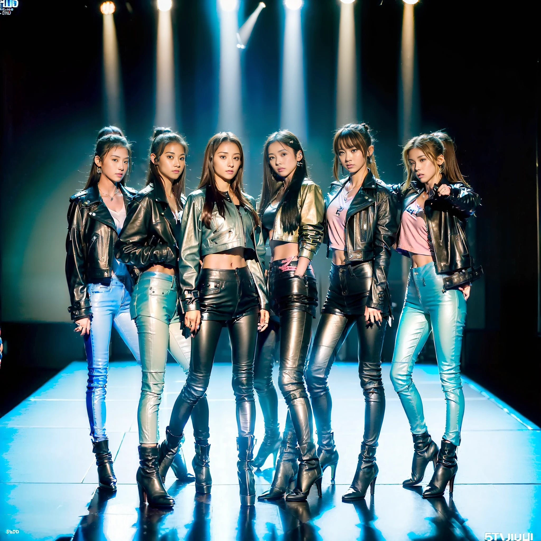 ((((((5girls)))), ((Masterpiece)), (Highest quality)), (8KUHD)))), ((Ultra High Definition))))), (Japan Woman), (Beauty)))))), (Boyish)), (Wild)), (Super tall)), (Super big)) ), looking at the camera, ((Full body)))))), (All light blue)), (Short hair)))))), ((Riders jacket)))))), (((Leather pants)))))), (Leather boots))))), (Studio lighting)