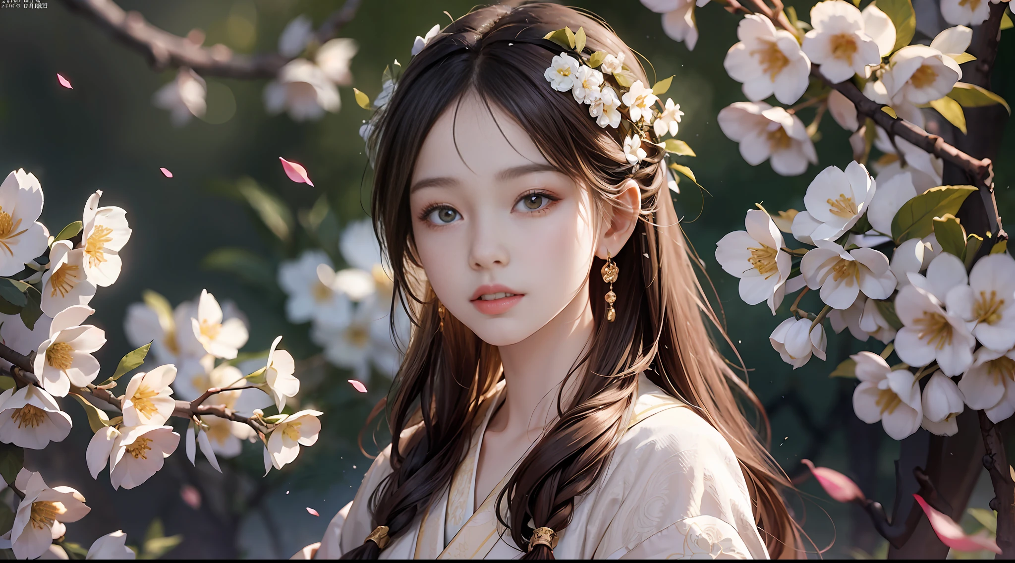 Masterpiece, extremely detailed CG unity 8k wallpaper, beautiful and realistic, 1 girl, against the background of blurred background, brown hair ends with plum blossoms, a touch of white quietly emanating in the ???????????, dressed in Hanfu, earrings and jewelry reflect the delicate facial features, full of realism. Under the slight cover of arms and fingers, it seems that something is hidden, the girl soloes, the melody of "Shandan Dan Blossoms Red and Bright" is gentle, in the depth of field, the petals on the branches gently fall, the sound years, the hair hangs slightly on the chest, waiting quietly, I don't know what to wait.
