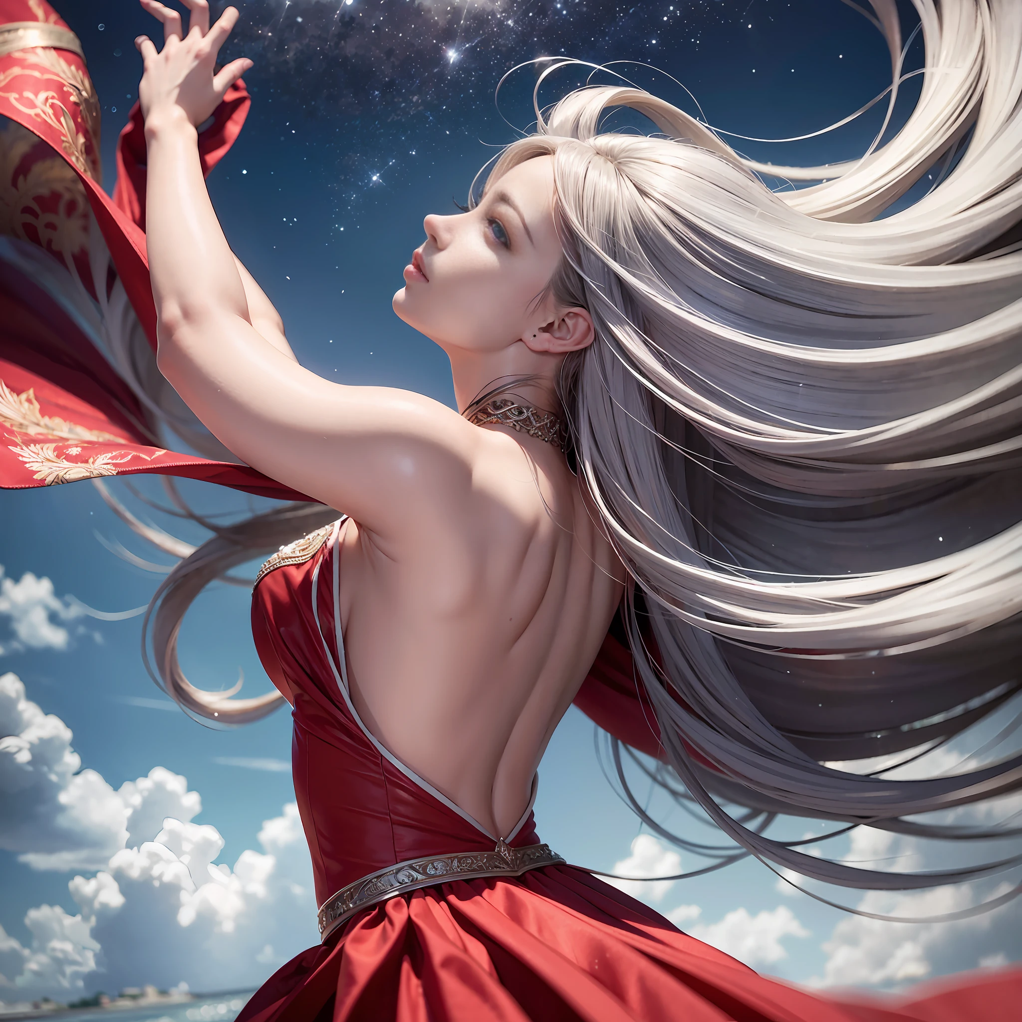 38 year old beauty, arms wide spread, high place, back figure pointing upwards, back figure, looking up at the heavens, wide open hands, red fantastic clothes, towards the sky, super detailed watercolor, fantastic background, wind is blowing from her front, beautiful long gray hair is fluttering behind her, very strong wind, beautiful, very detailed gray hair, back figure, super realism, insanely detailed, beautiful fingers, beautiful hands,