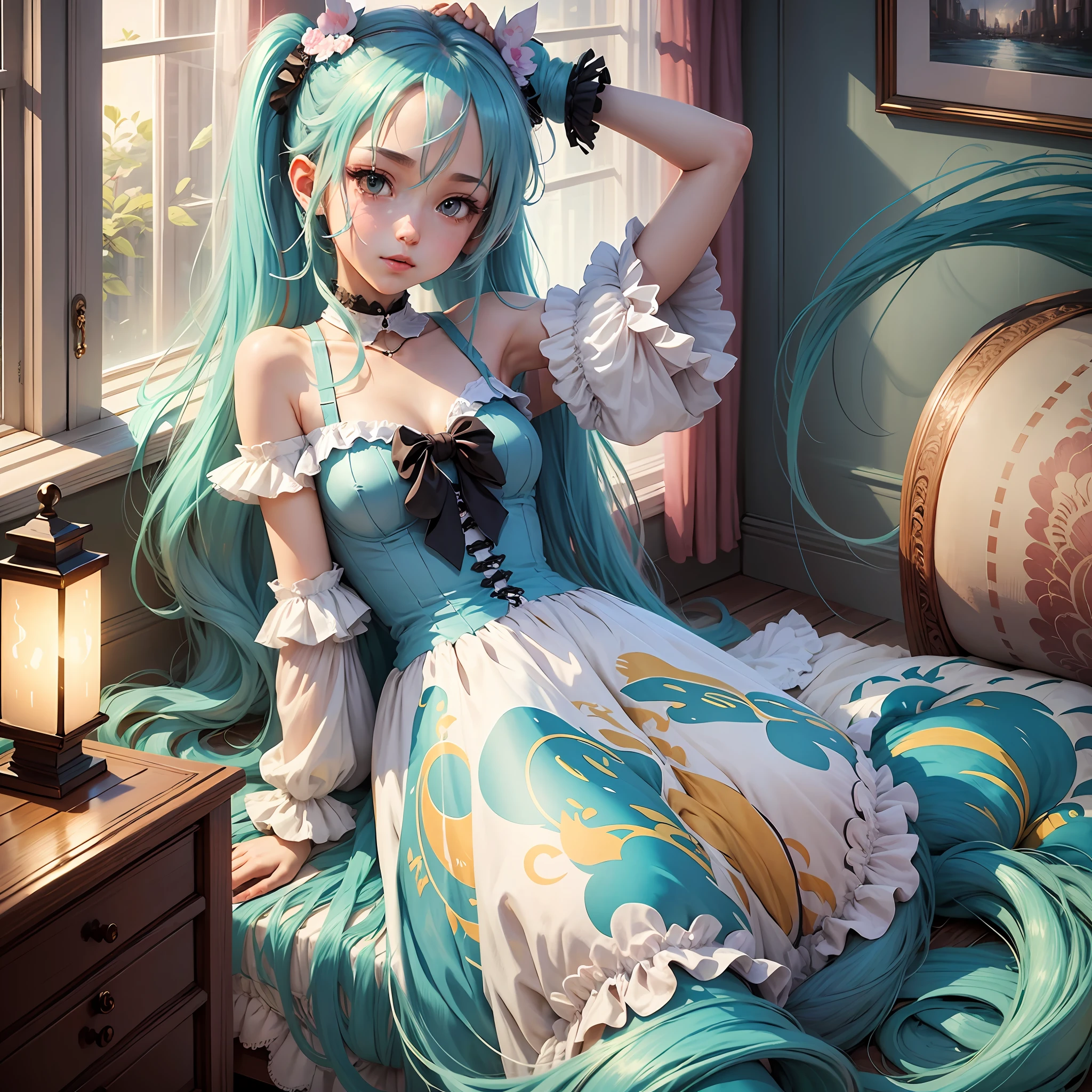 Masterpiece, best quality, official art, 8k wallpaper, very detailed, illustration, 1 girl, sky blue hair, hatsune miku, bedroom, dress --auto --s2