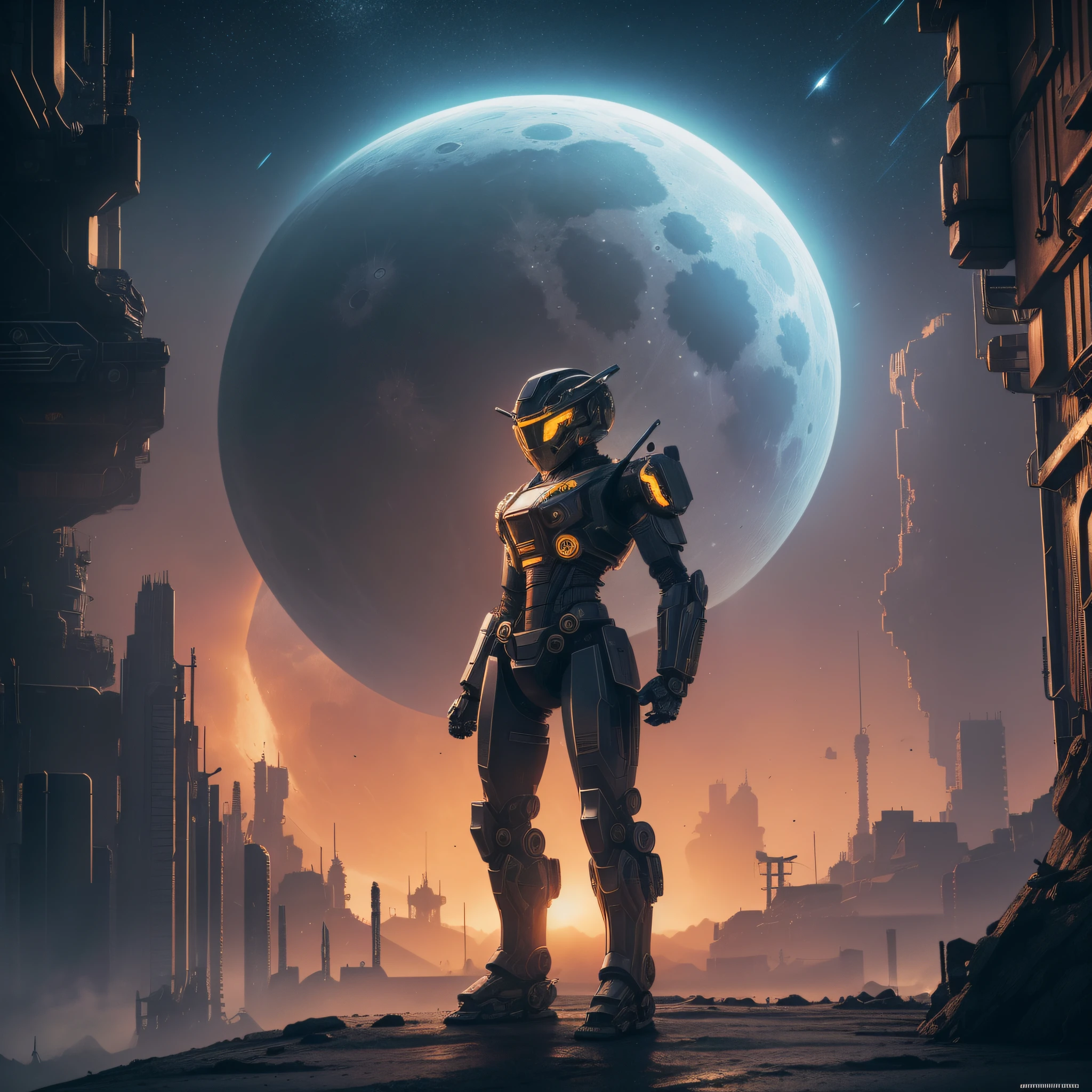 On the moon, barren planet, ruins, holding weapons, no humans, bright, robot, construction, bright eyes, orange mecha, science fiction, city, reality, mecha, galaxy background, whole body, neon, cyber punk, 8K wallpapers, ultra-detailed art, cinematic lighting, realistic photos, Dark_Fantasy, Cyberpunk, ((Best quality)), ((masterpiece)), (detailed: 1.4), 3D, a cute kitten made of metal, cyborg, cyberpunk style,  ((intricate details)), hdr, (((intricate details, hyperdetailed)), cinematic plan,