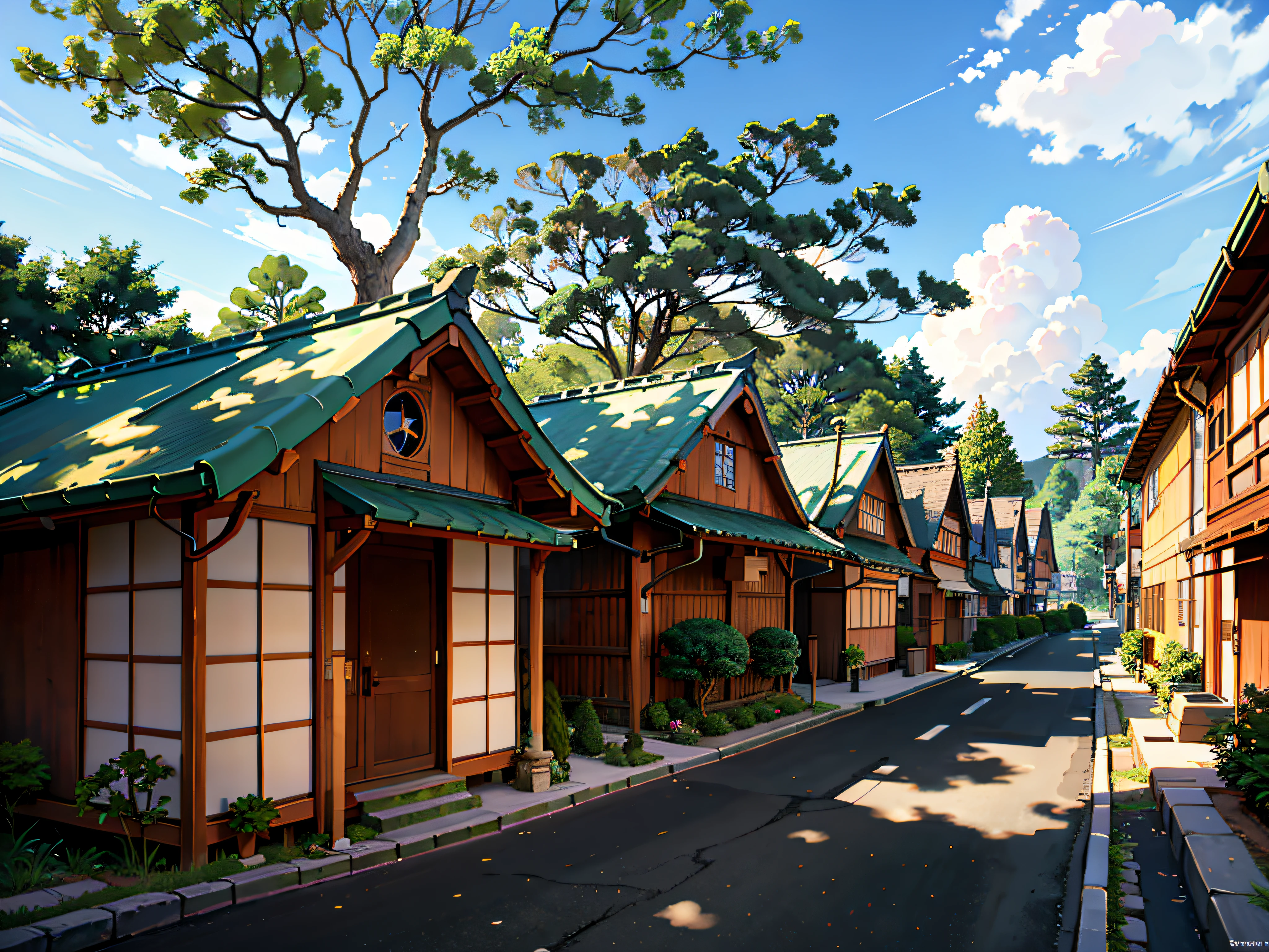 (Japanese town Landscape), (Hayao Miyazaki Style), cartoon, japanese townhouse, road, bend, small house, tree, pole, white cloud, landscape, outdoor, green trees, epic composition, realistic lighting, high-definition detail, masterpiece, the best quality, (very detailed CG unified 8k wallpaper), --v6